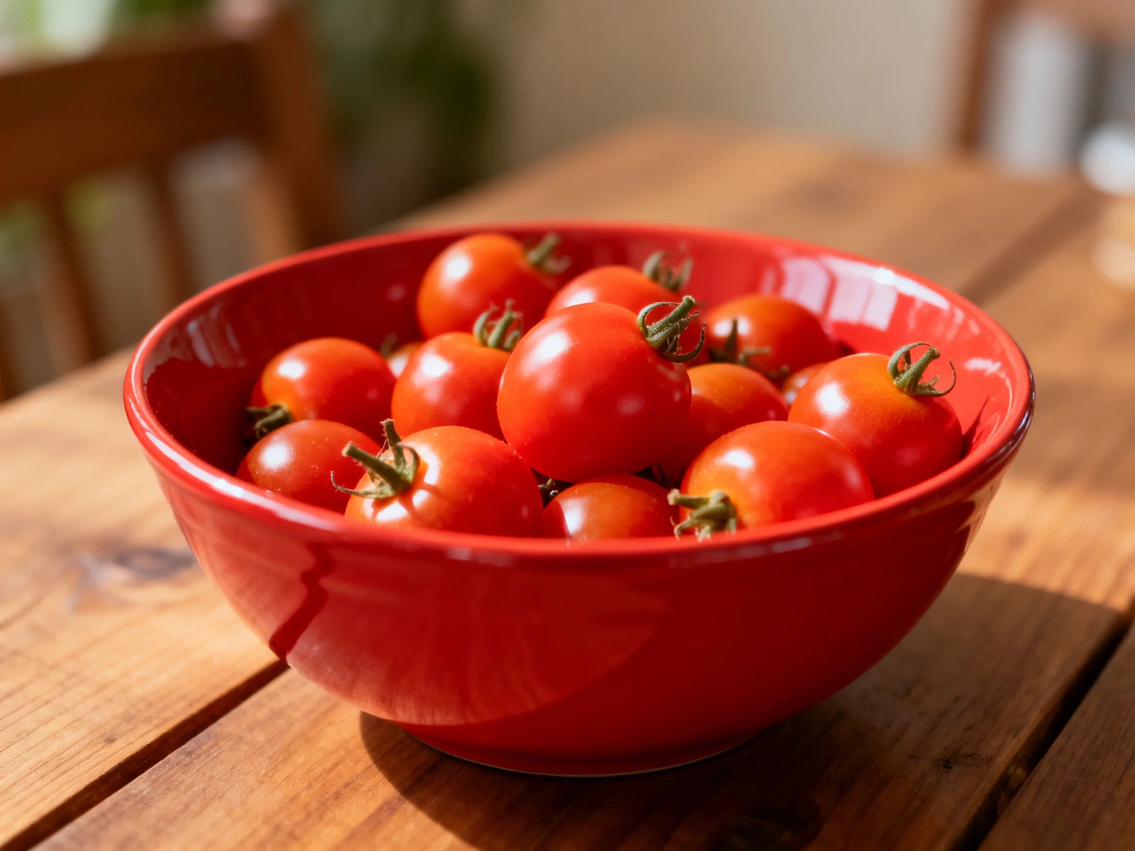 A vibrant red bowl filled with plump cherry tomatoes sits on a wooden table