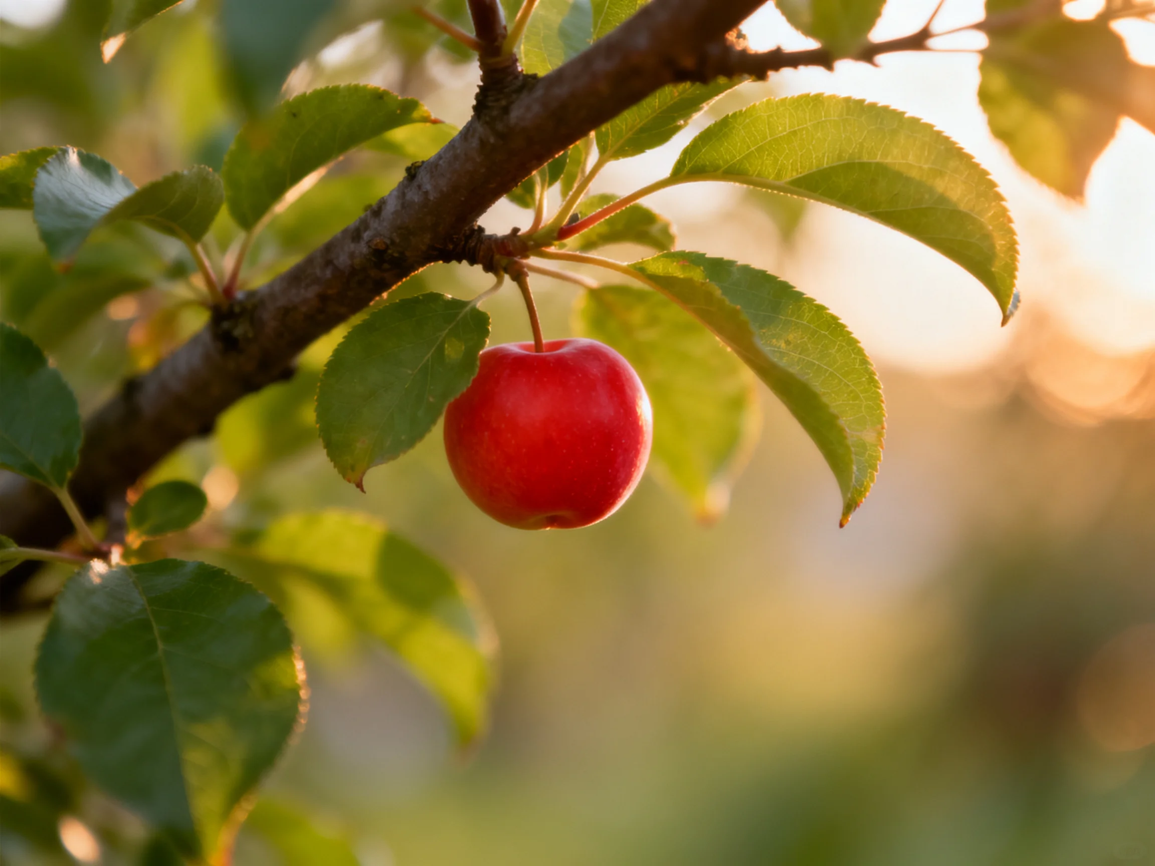 A vibrant red cherry hangs from a tree branch amid lush green foliage