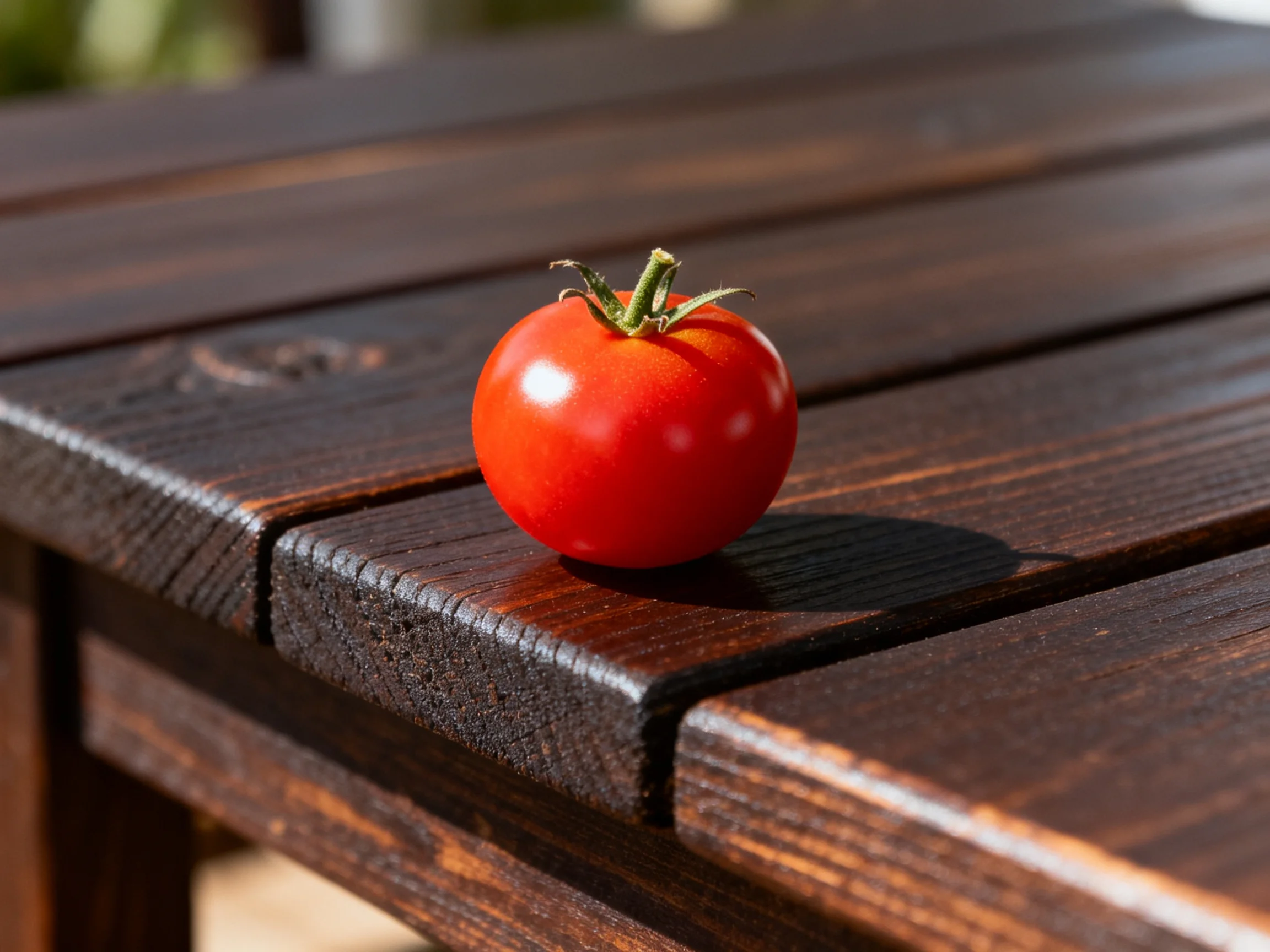 A vibrant red cherry tomato sits atop a polished dark brown wooden surface