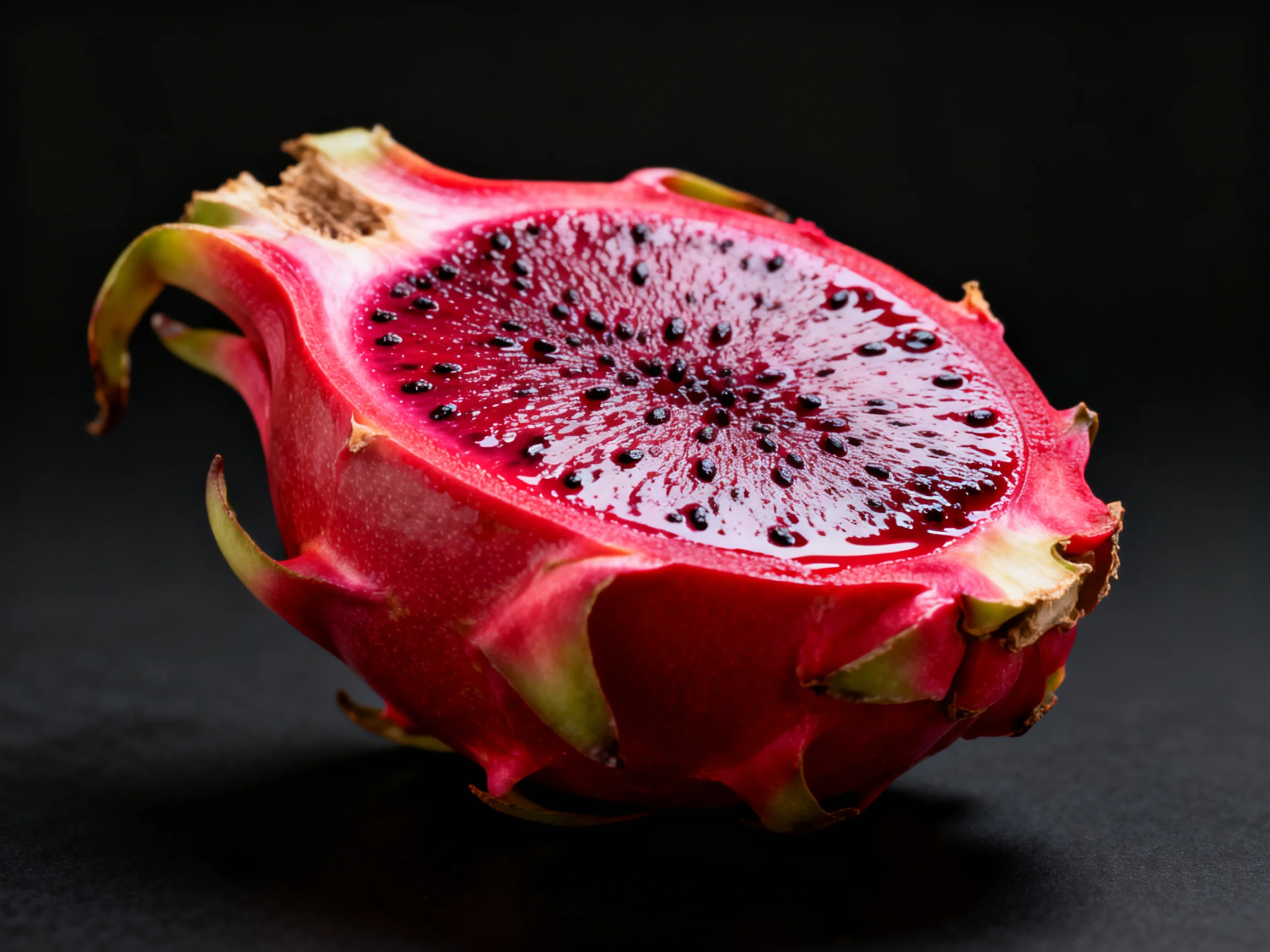 A vibrant red dragon fruit cut open on a dark surface