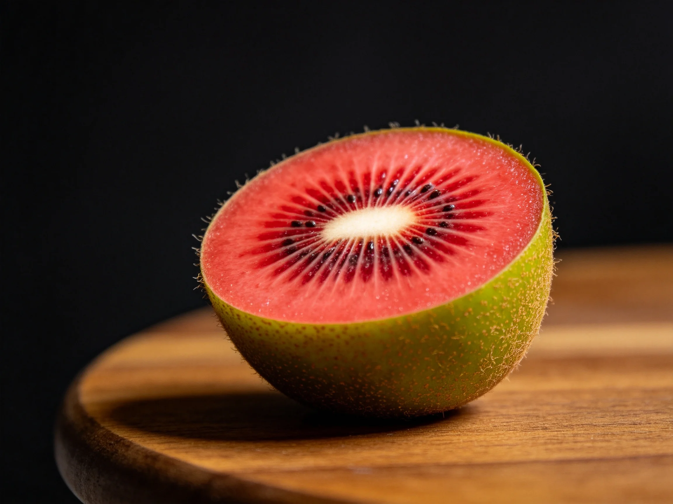 A vibrant red-fleshed kiwi fruit halved on a wooden board