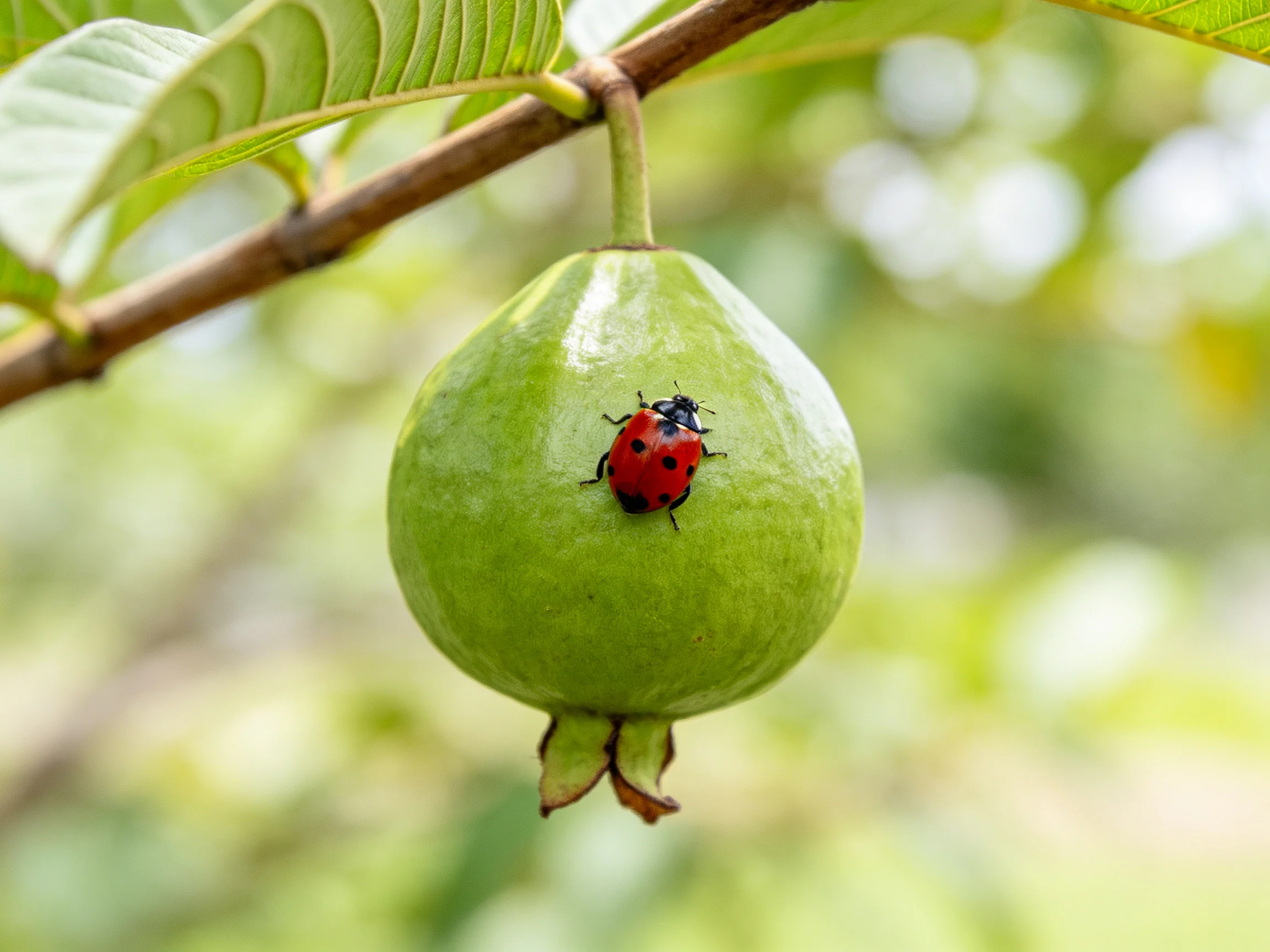 A vibrant red ladybug rests on a large green guava hanging from a tree branch