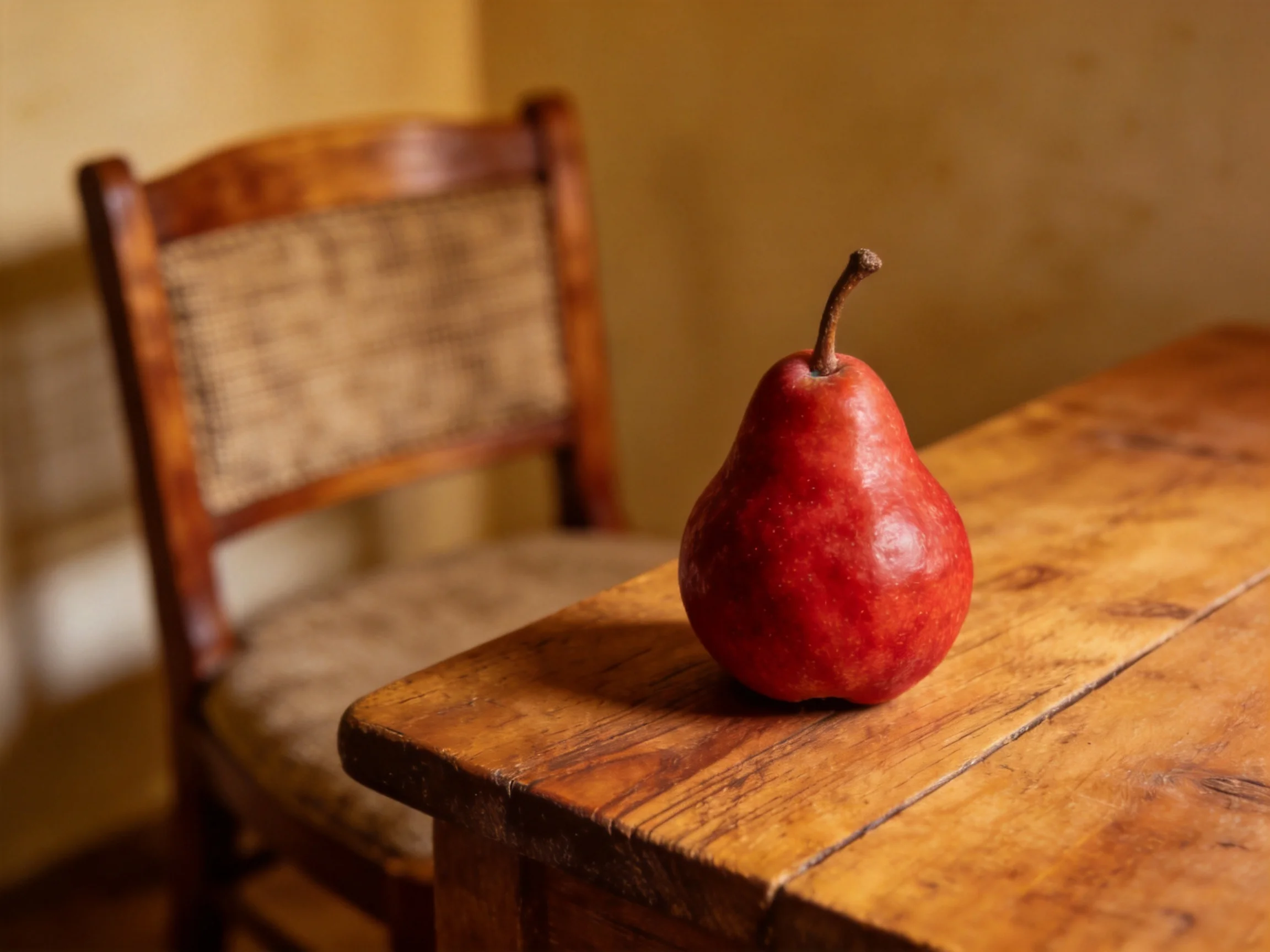 A vibrant red pear rests on a weathered wooden table beside a woven-back chair