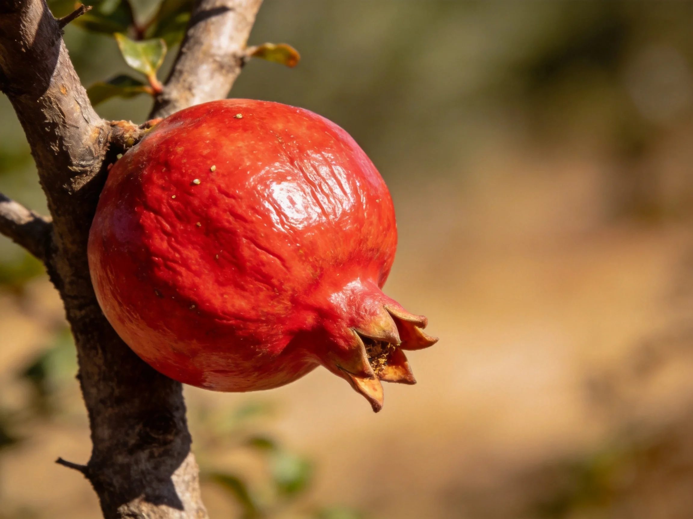 A vibrant red pomegranate grows on a gnarled tree branch
