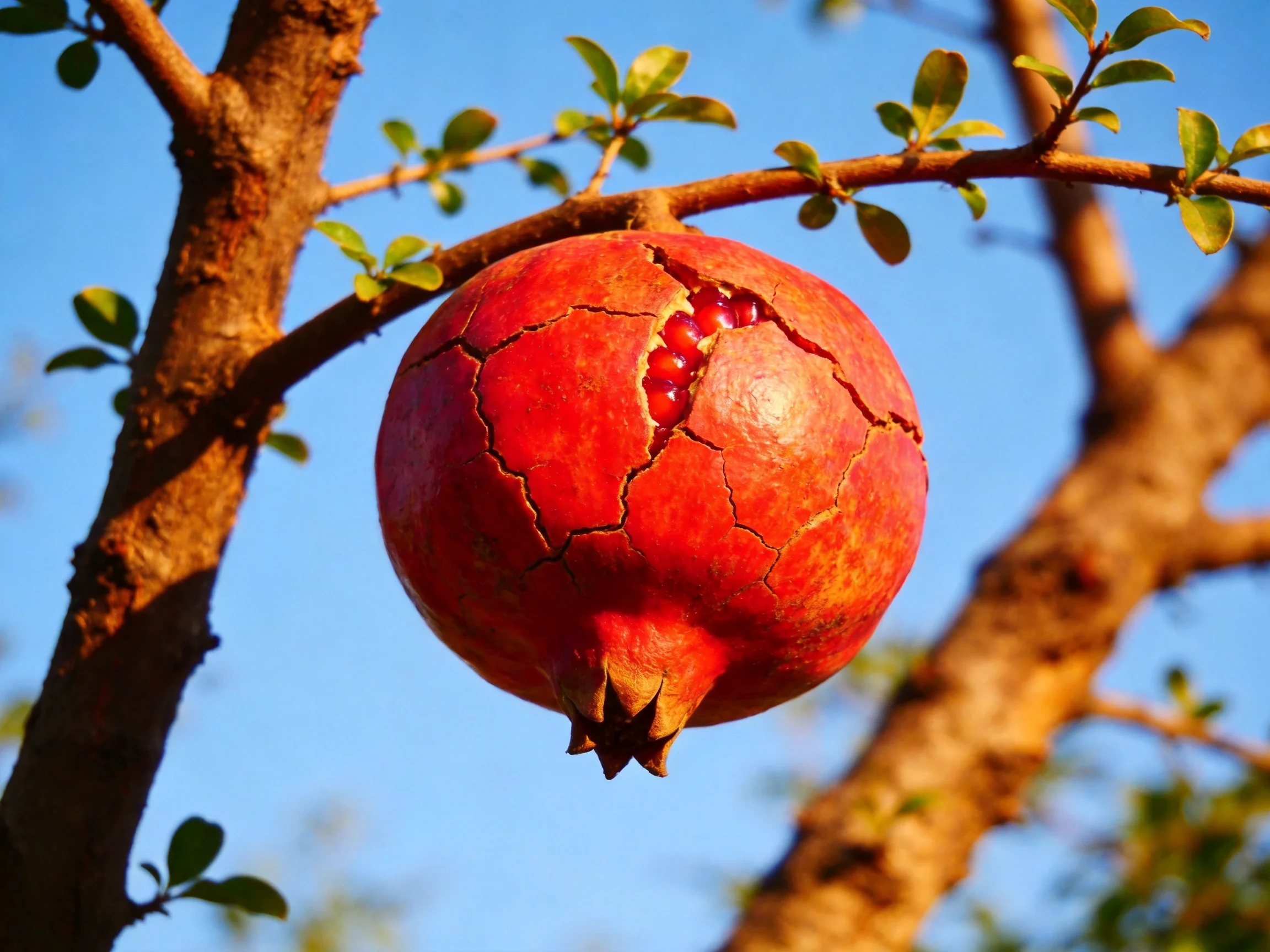 A vibrant red pomegranate hangs from a brown tree branch