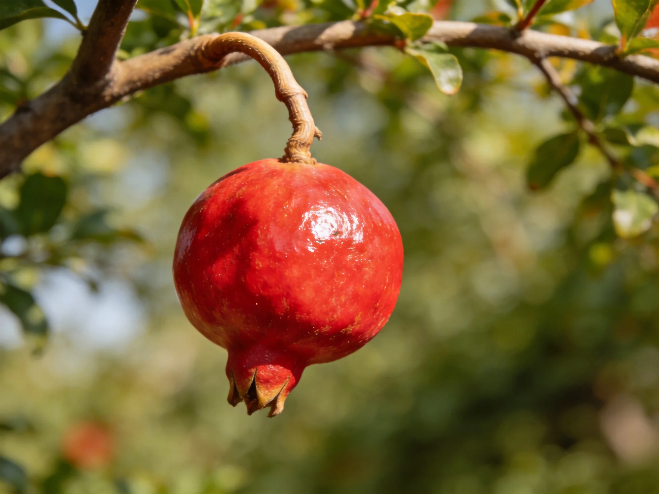 A vibrant red pomegranate hangs from a curved tree branch