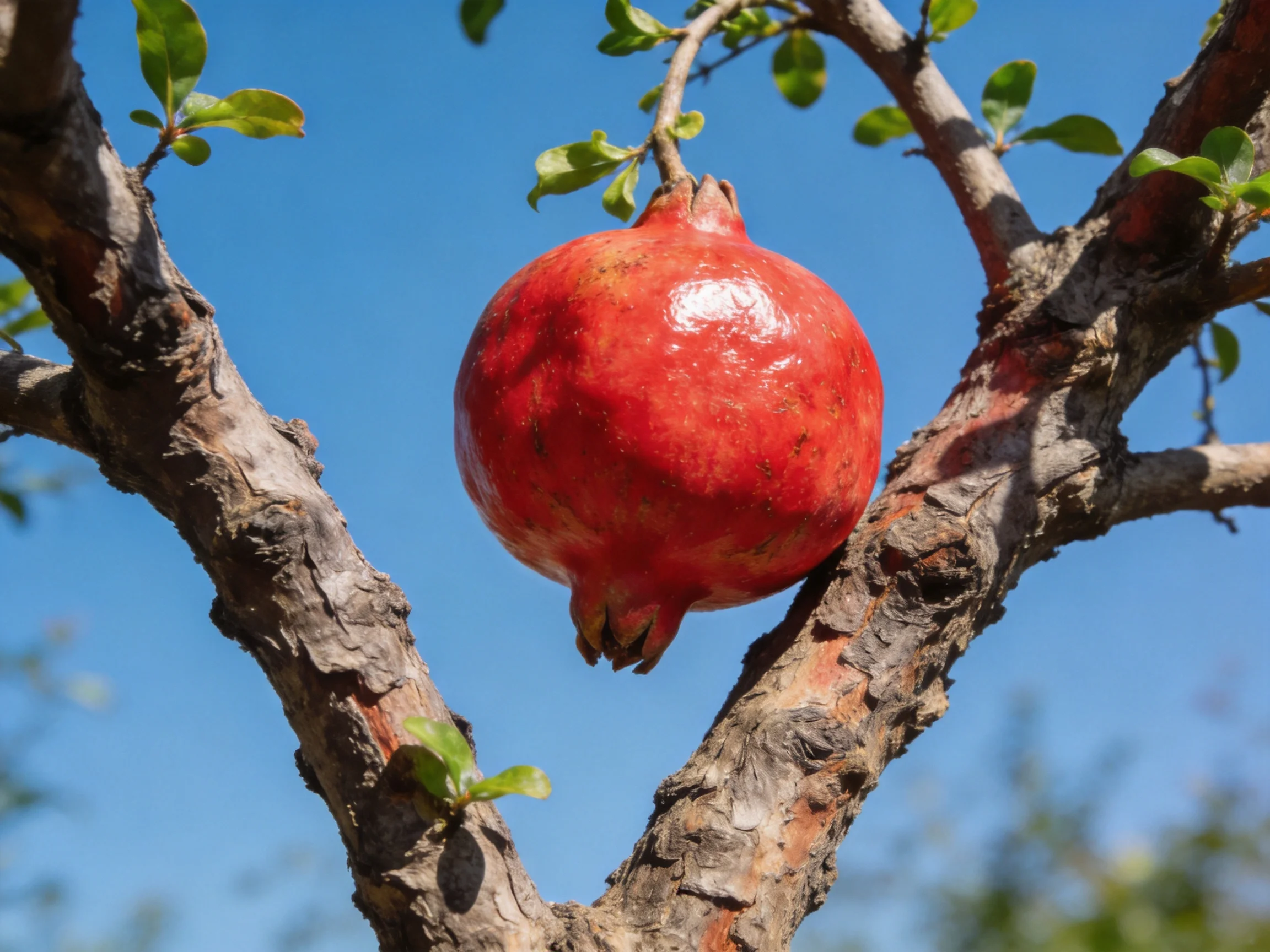 A vibrant red pomegranate hangs from a gnarled tree branch