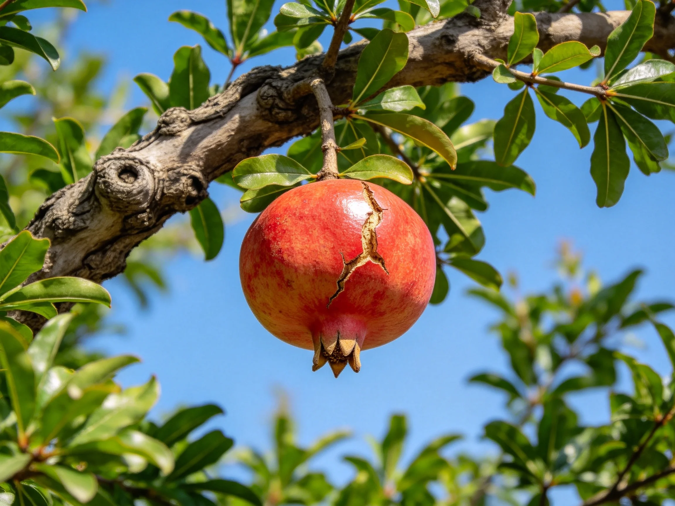 A vibrant red pomegranate hangs from a gnarled tree branch under clear blue sky.