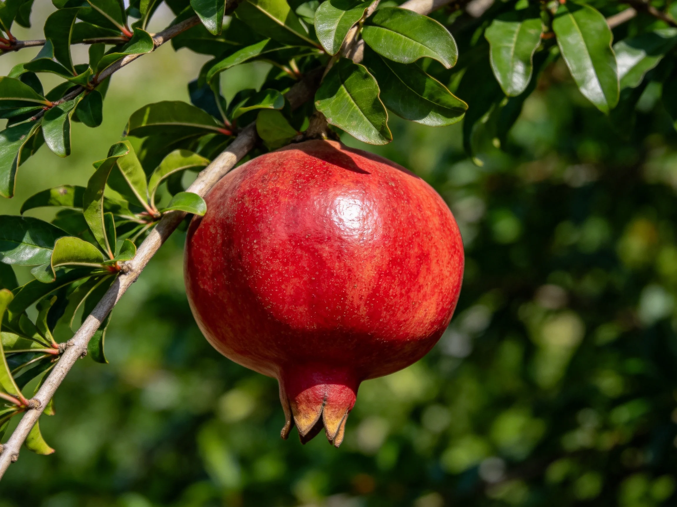 A vibrant red pomegranate hangs from a leafy branch