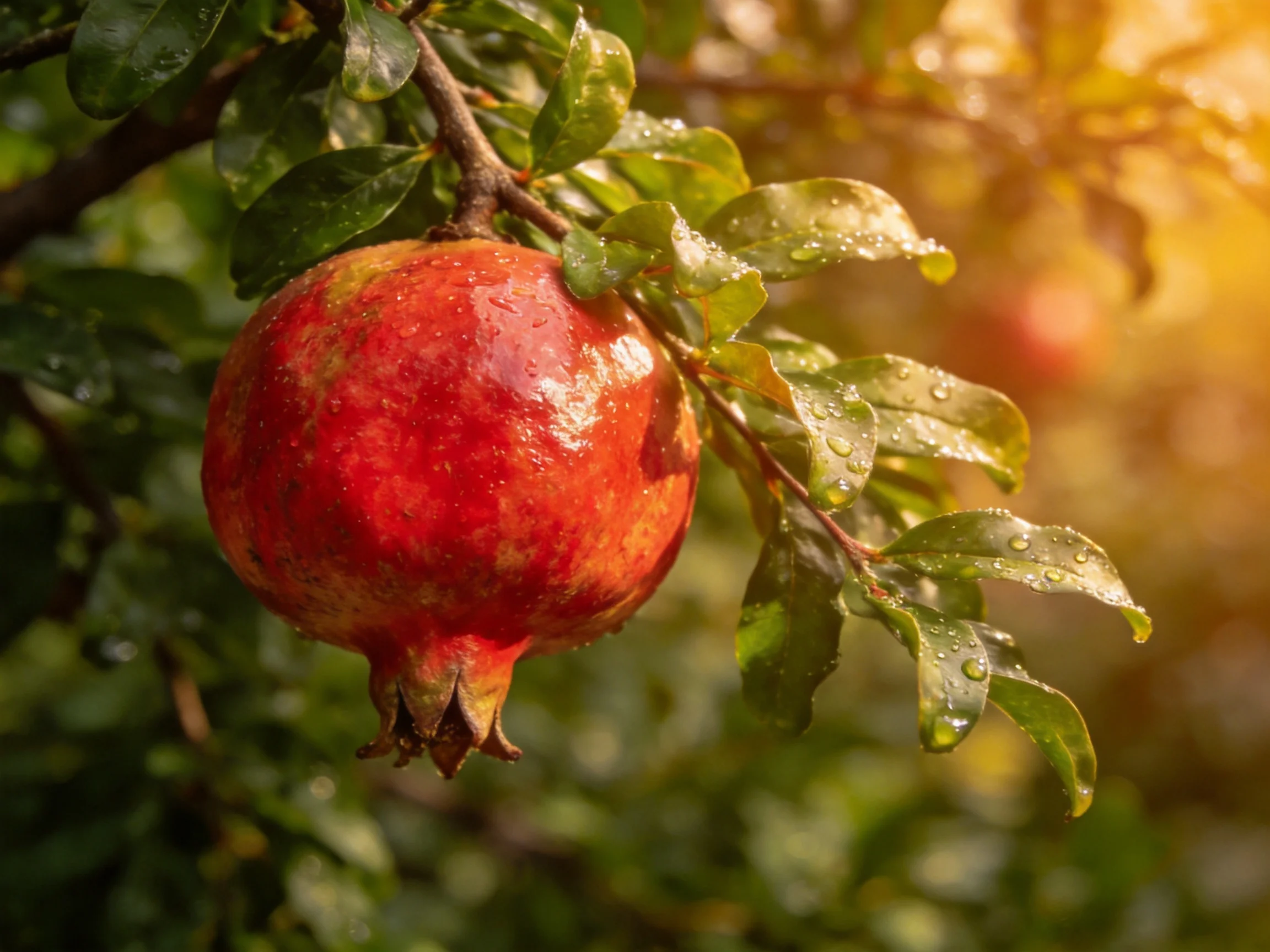 A vibrant red pomegranate hangs from a leafy branch with dewy foliage