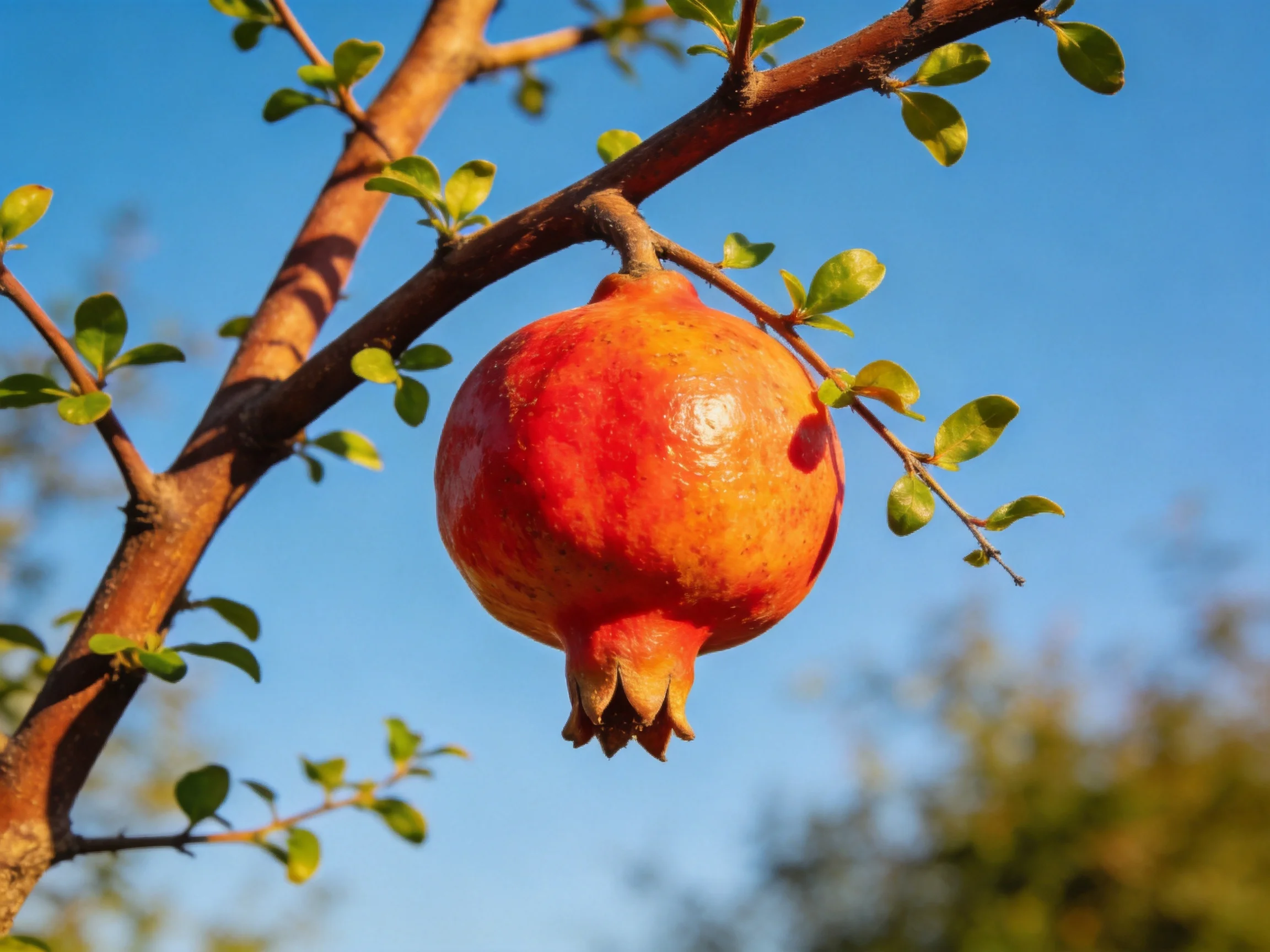 A vibrant red pomegranate hangs from a leafy brown tree branch