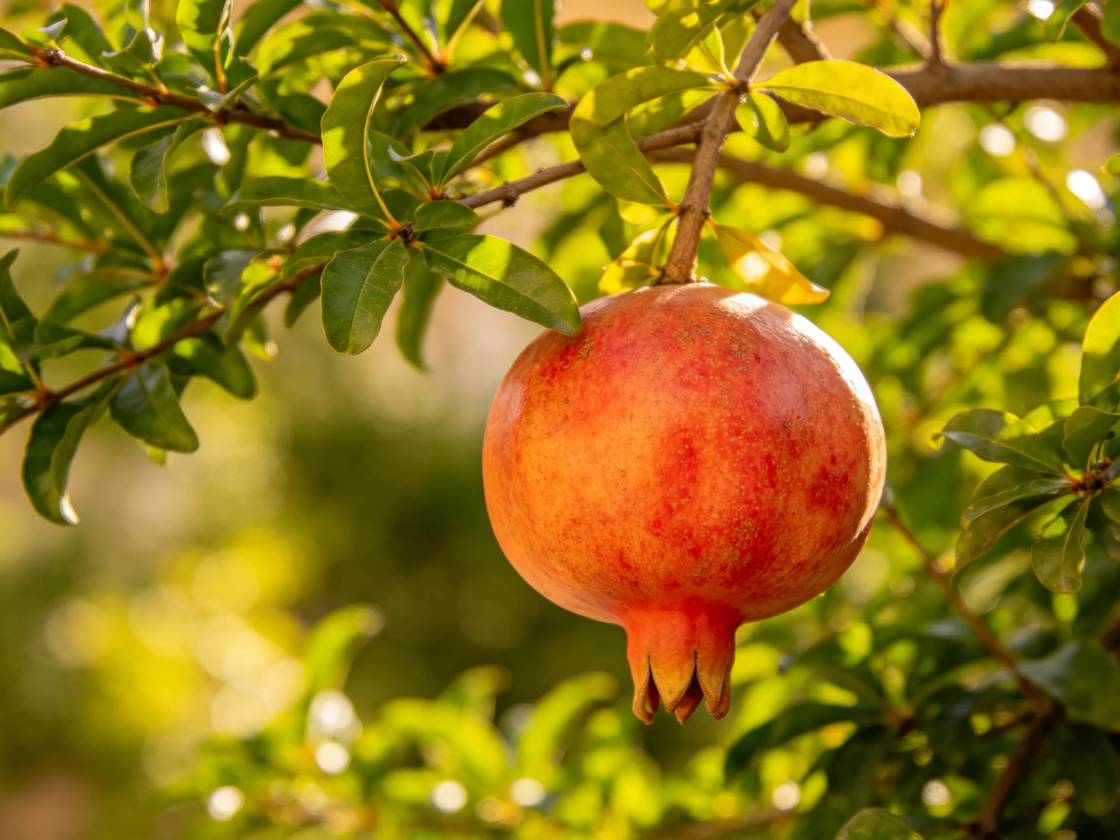 A vibrant red pomegranate hangs from a leafy tree branch