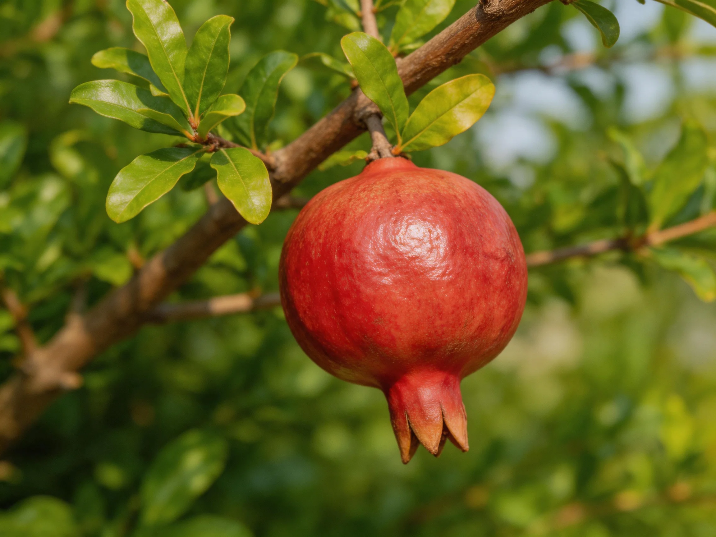 A vibrant red pomegranate hangs from a leafy tree branch