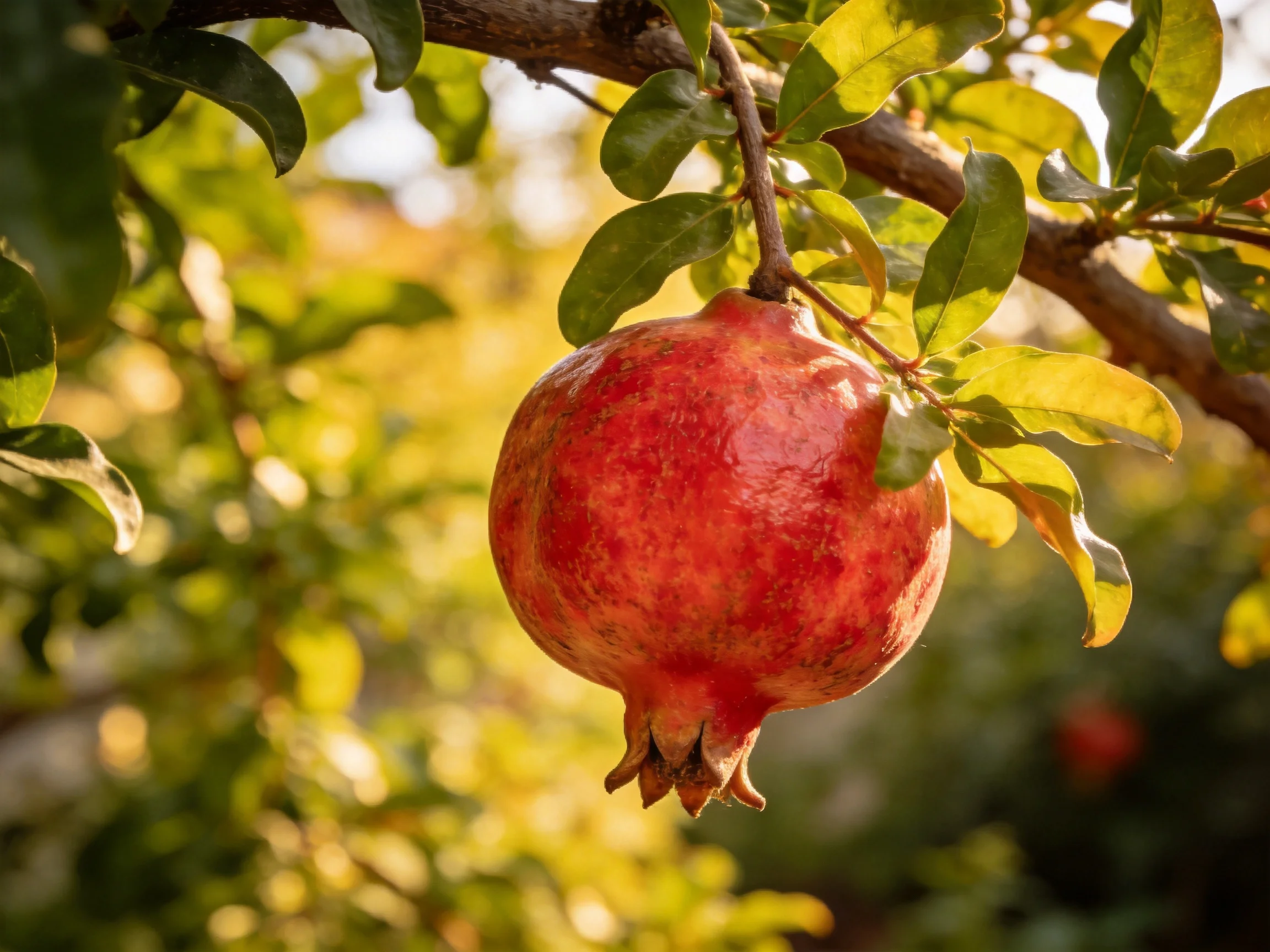 A vibrant red pomegranate hangs from a leafy tree branch