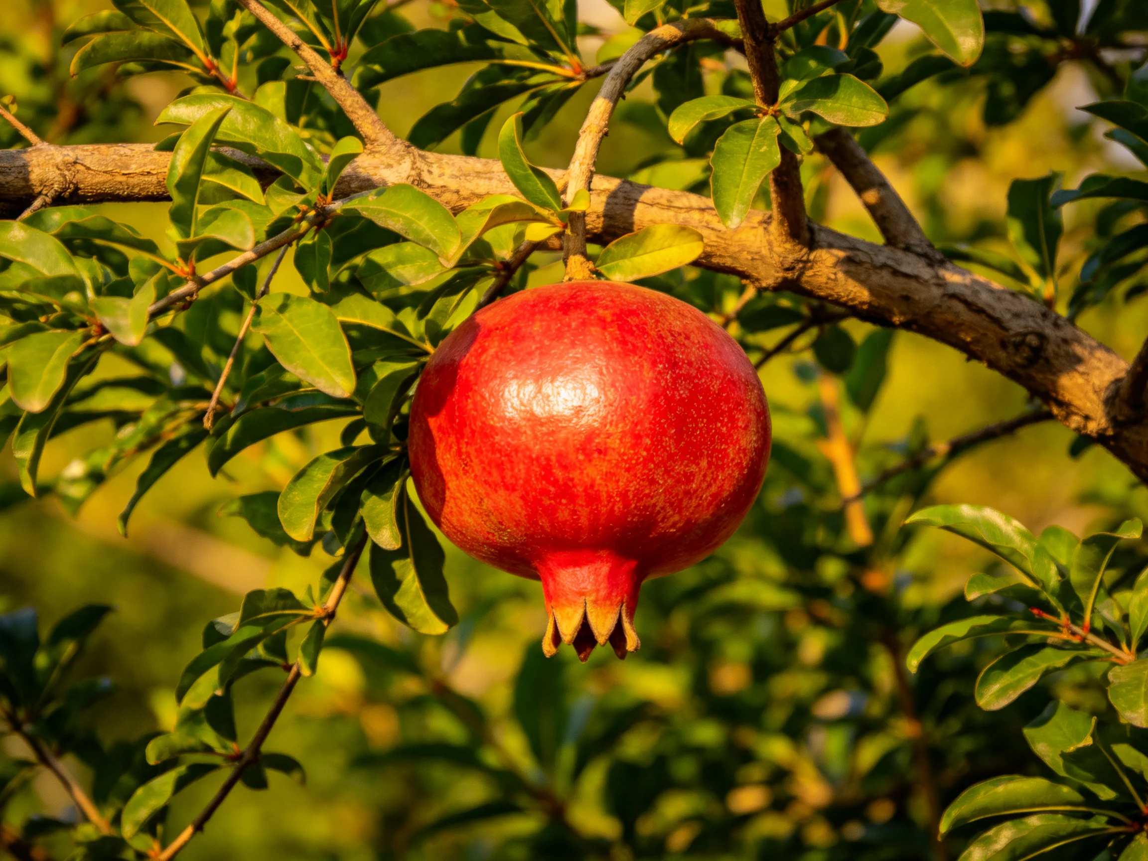 A vibrant red pomegranate hangs from a leafy tree branch
