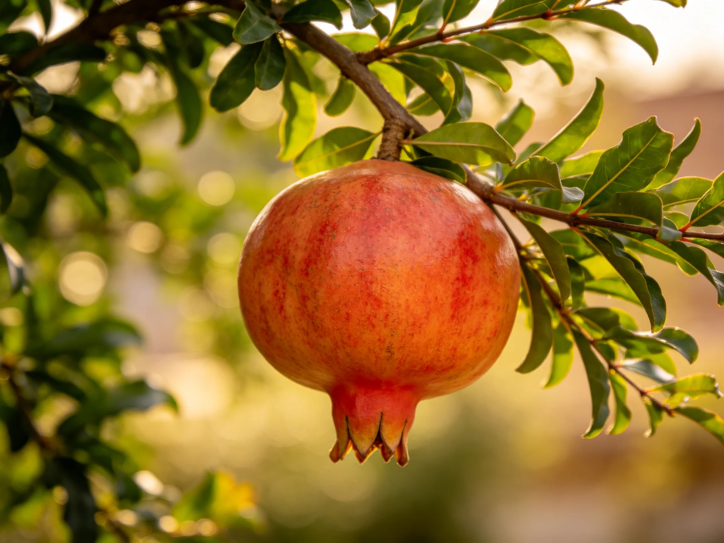 A vibrant red pomegranate hangs from a leafy tree branch