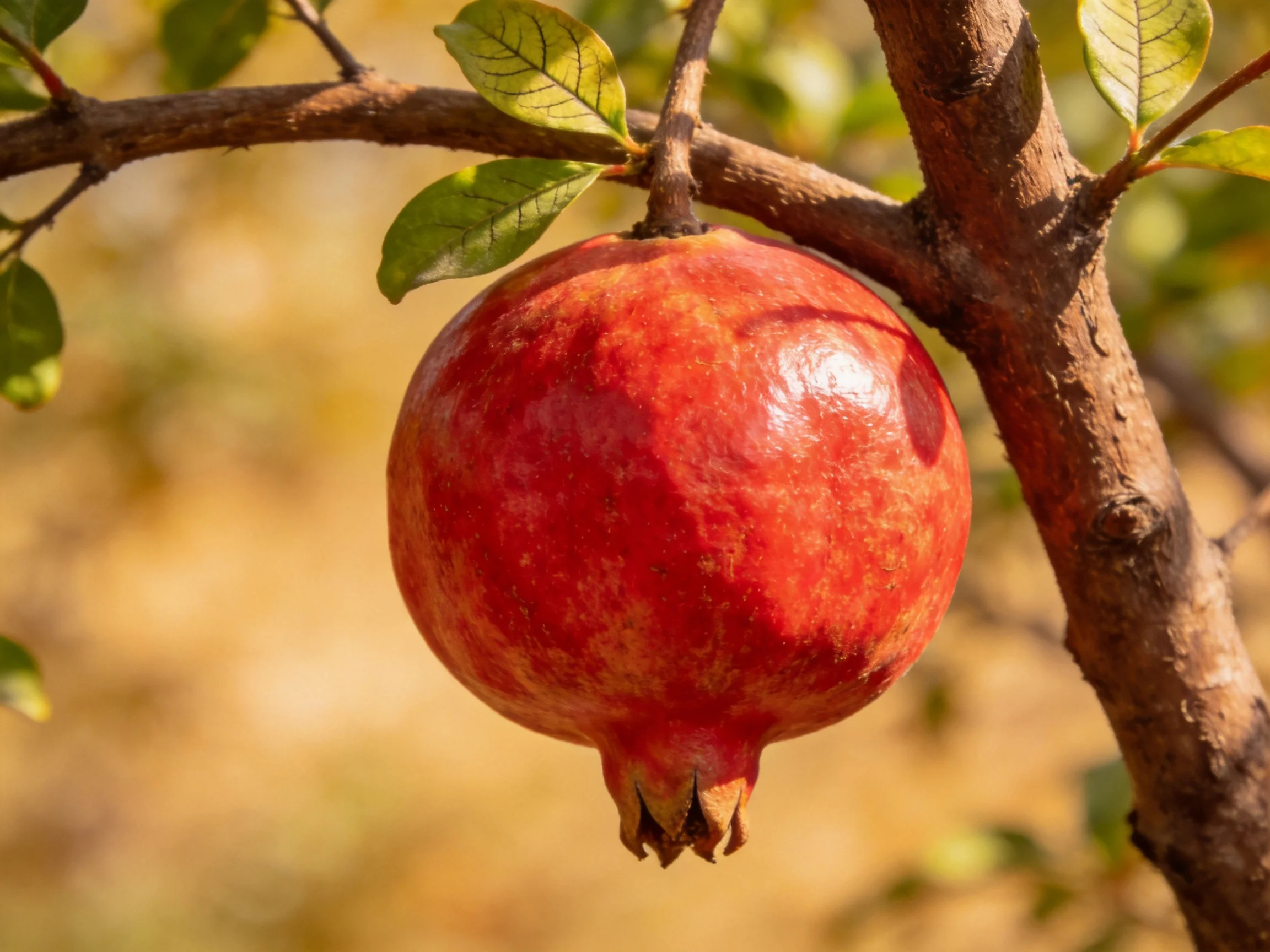 A vibrant red pomegranate hangs from a textured brown tree branch
