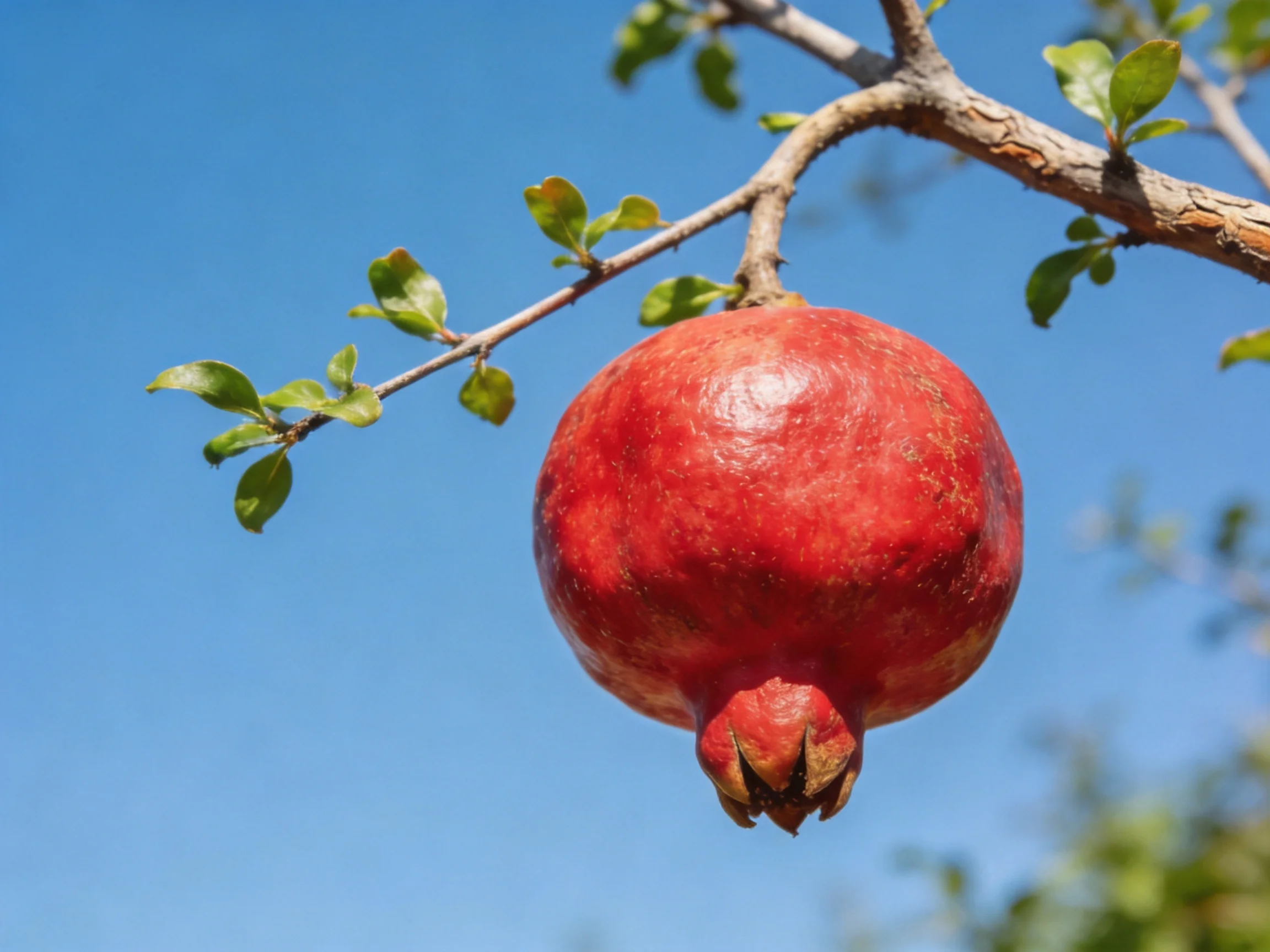 A vibrant red pomegranate hangs from a tree branch against a clear blue sky