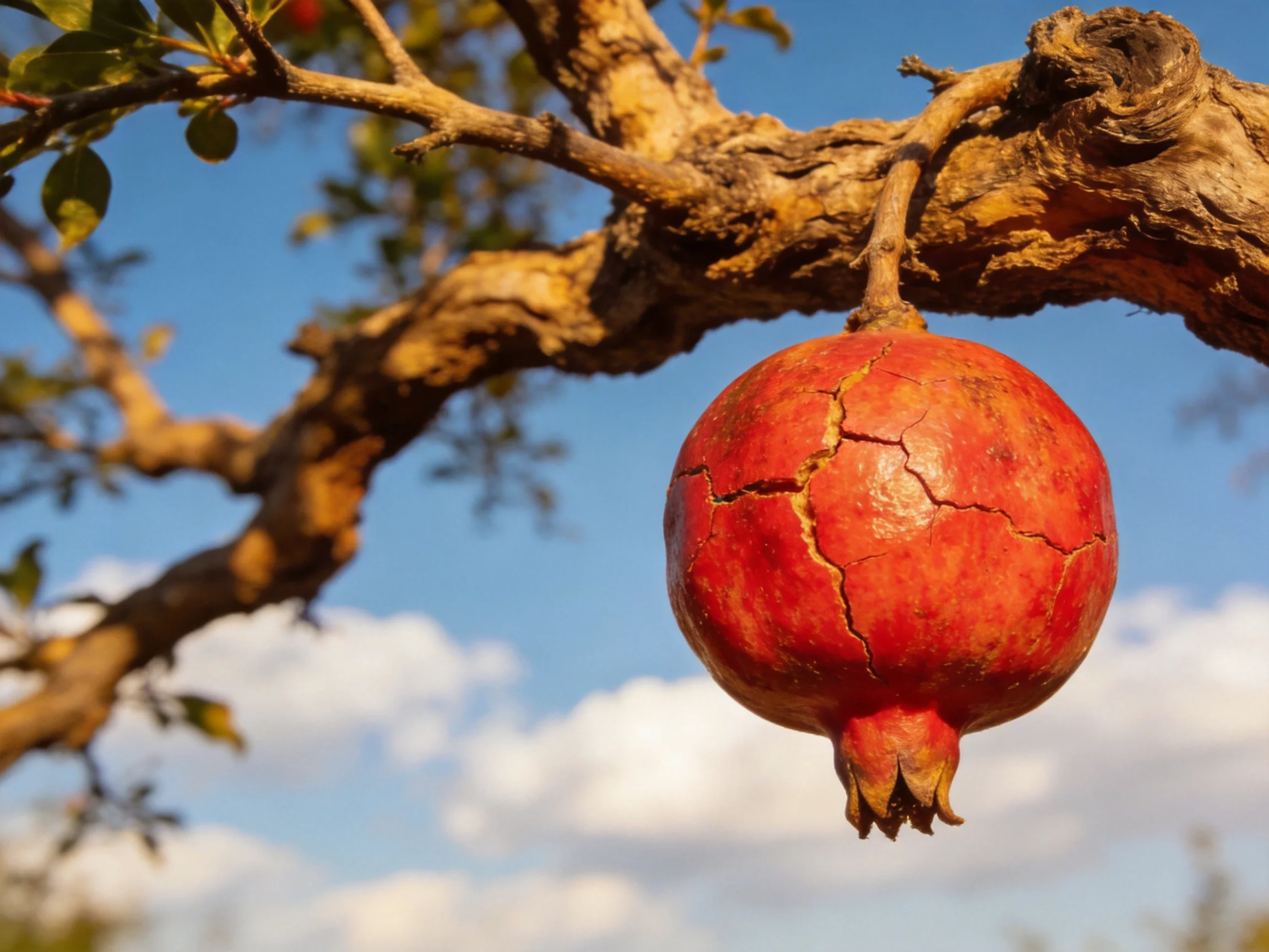 A vibrant red pomegranate hangs from an aged gnarled tree branch