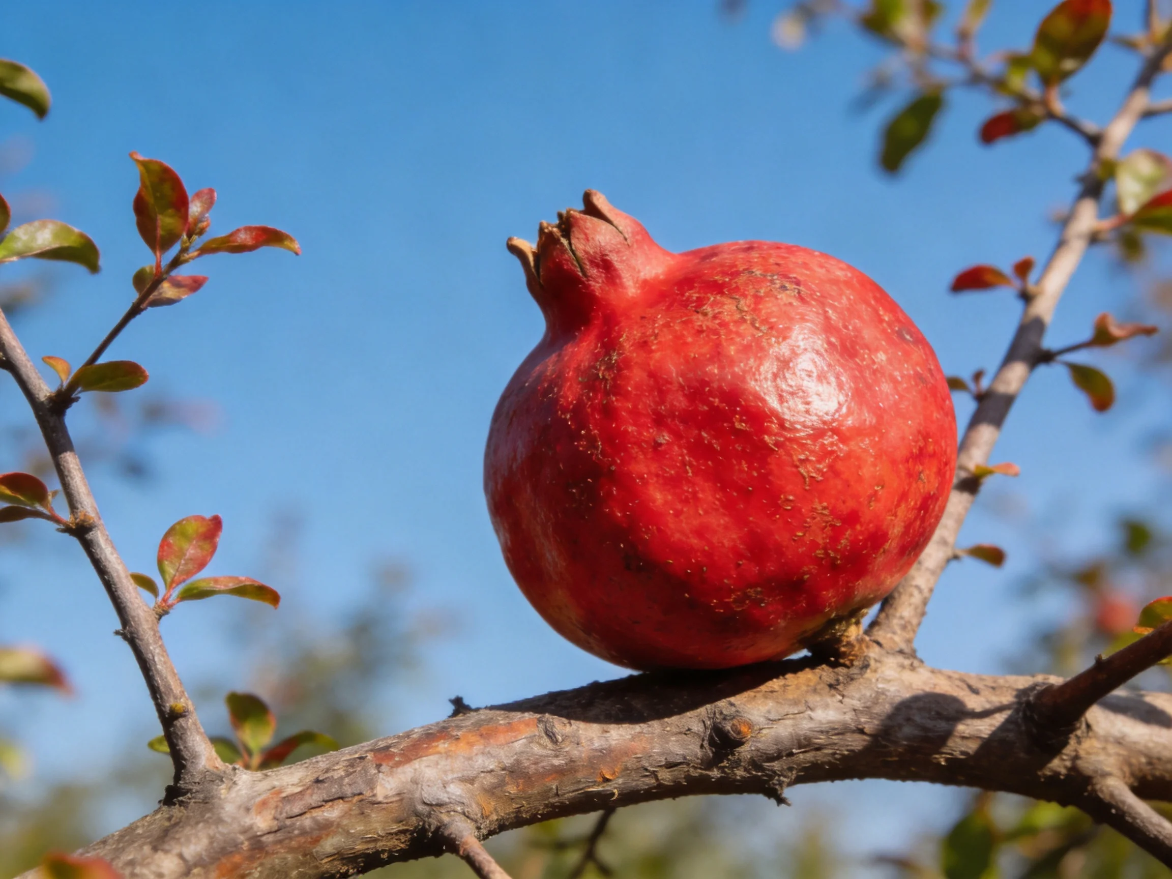 A vibrant red pomegranate perched on a gnarled tree branch under a clear blue sky