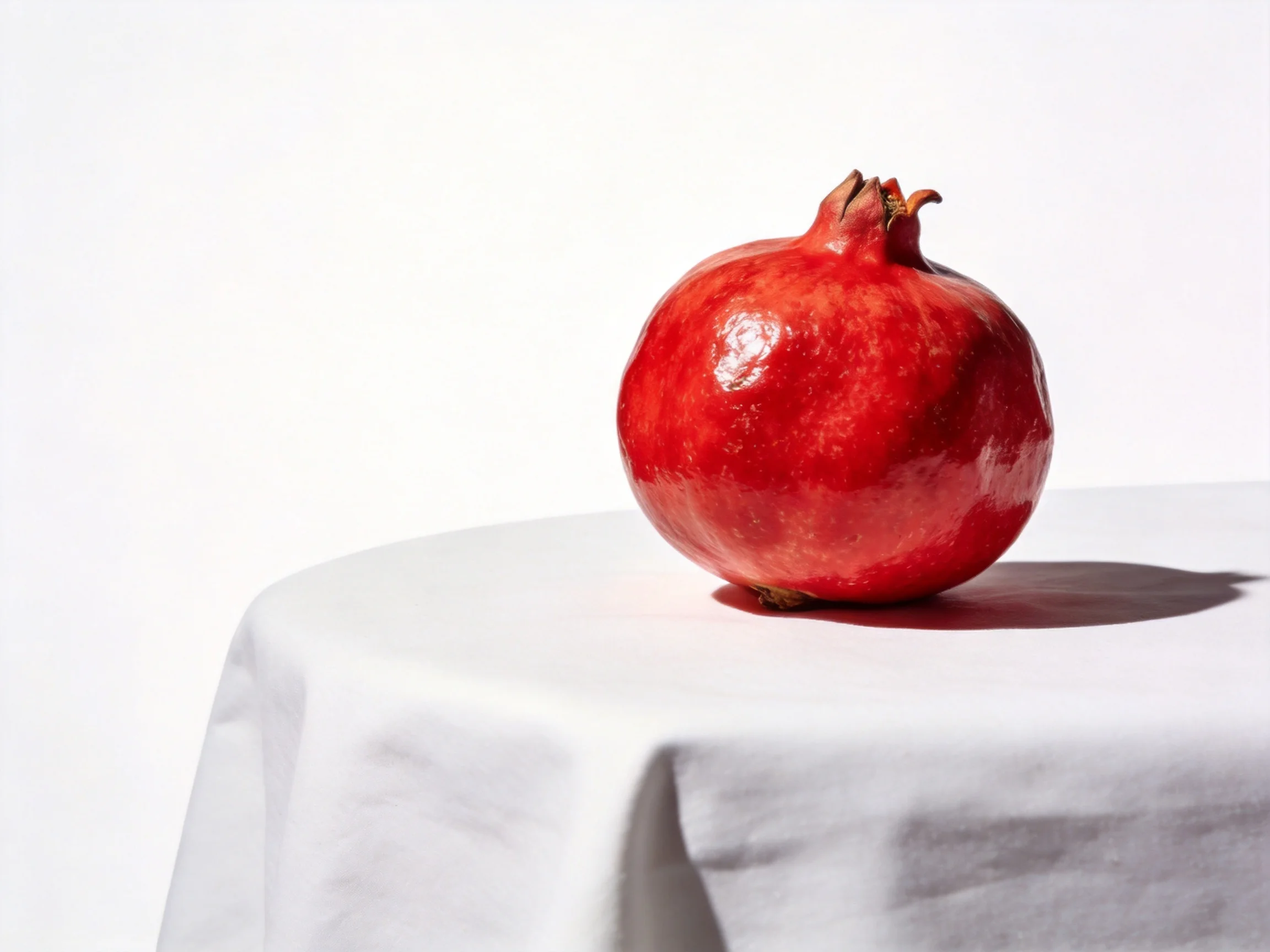 A vibrant red pomegranate placed upon a smooth white tablecloth