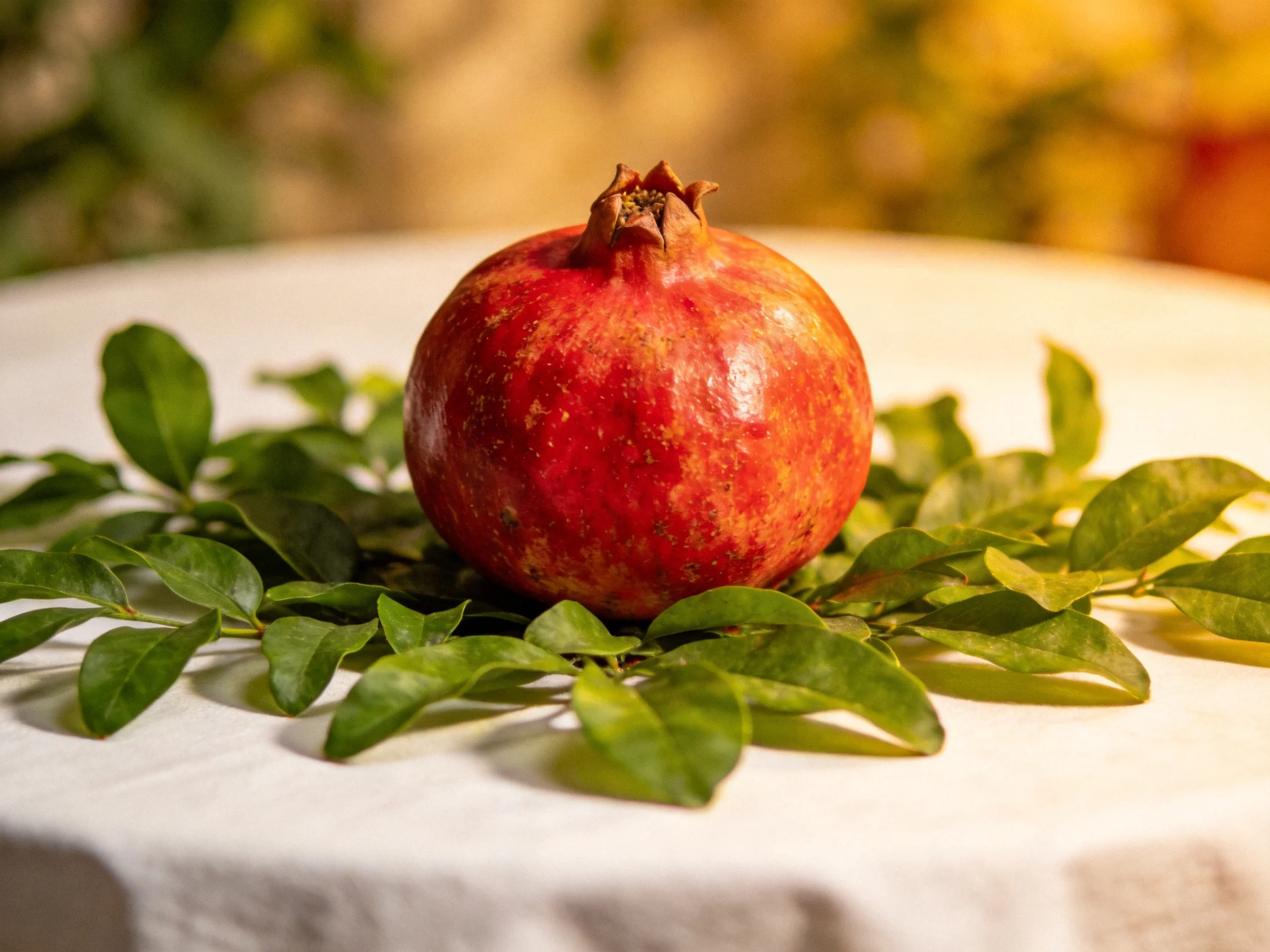 A vibrant red pomegranate rests amid fresh green leaves on a white cloth