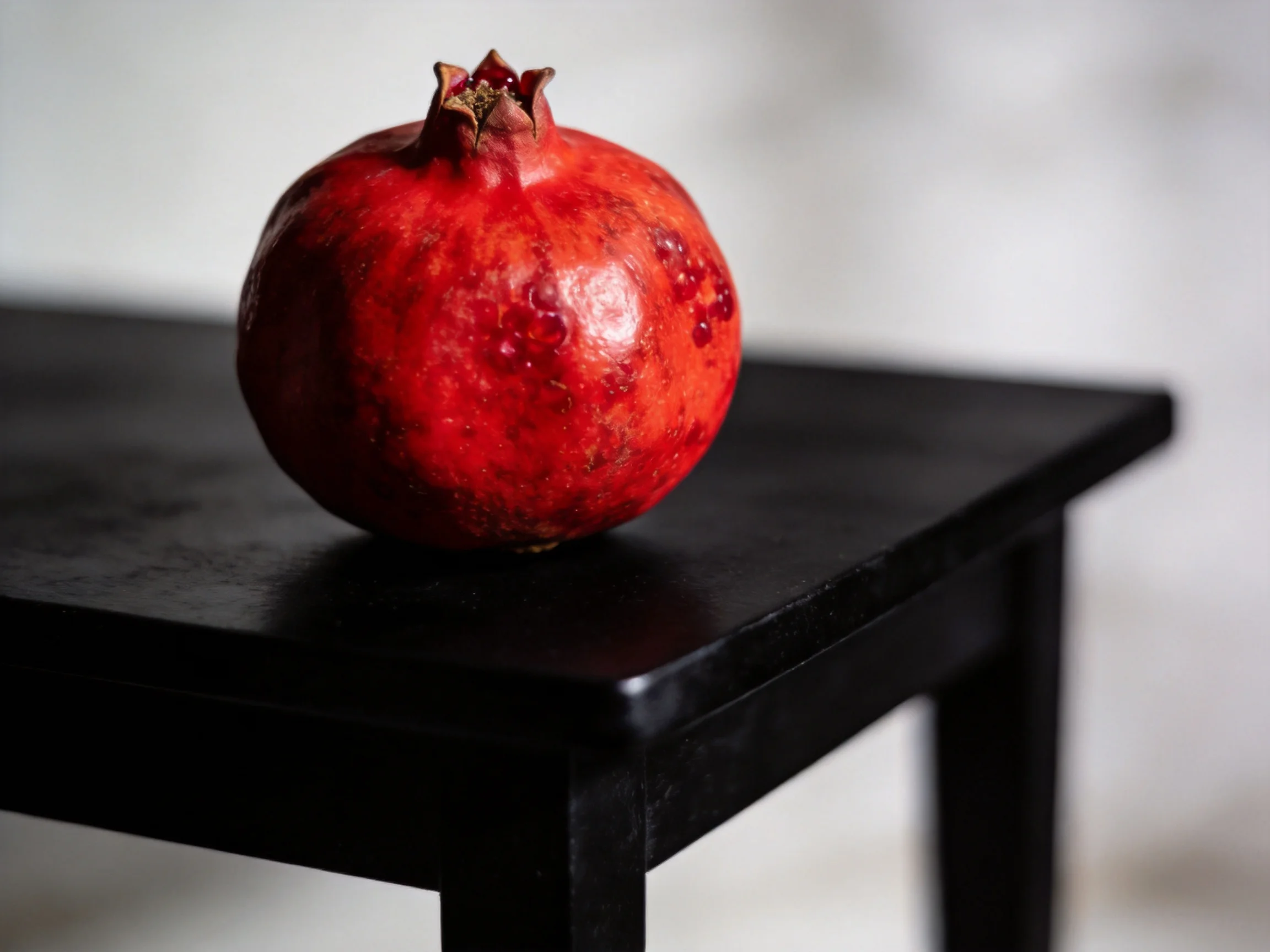 A vibrant red pomegranate rests on a glossy black wooden table