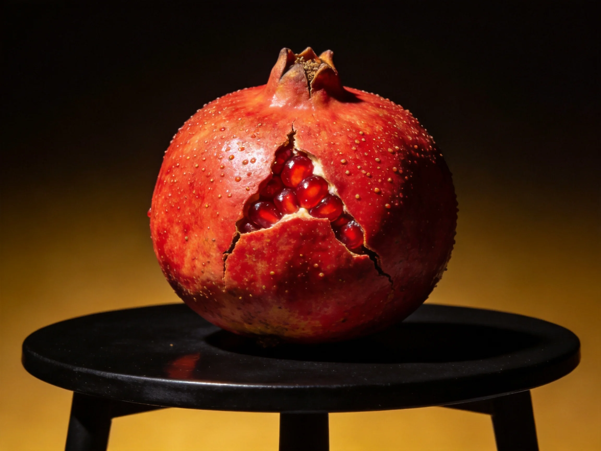 A vibrant red pomegranate with an exposed seed section sits atop a black stool