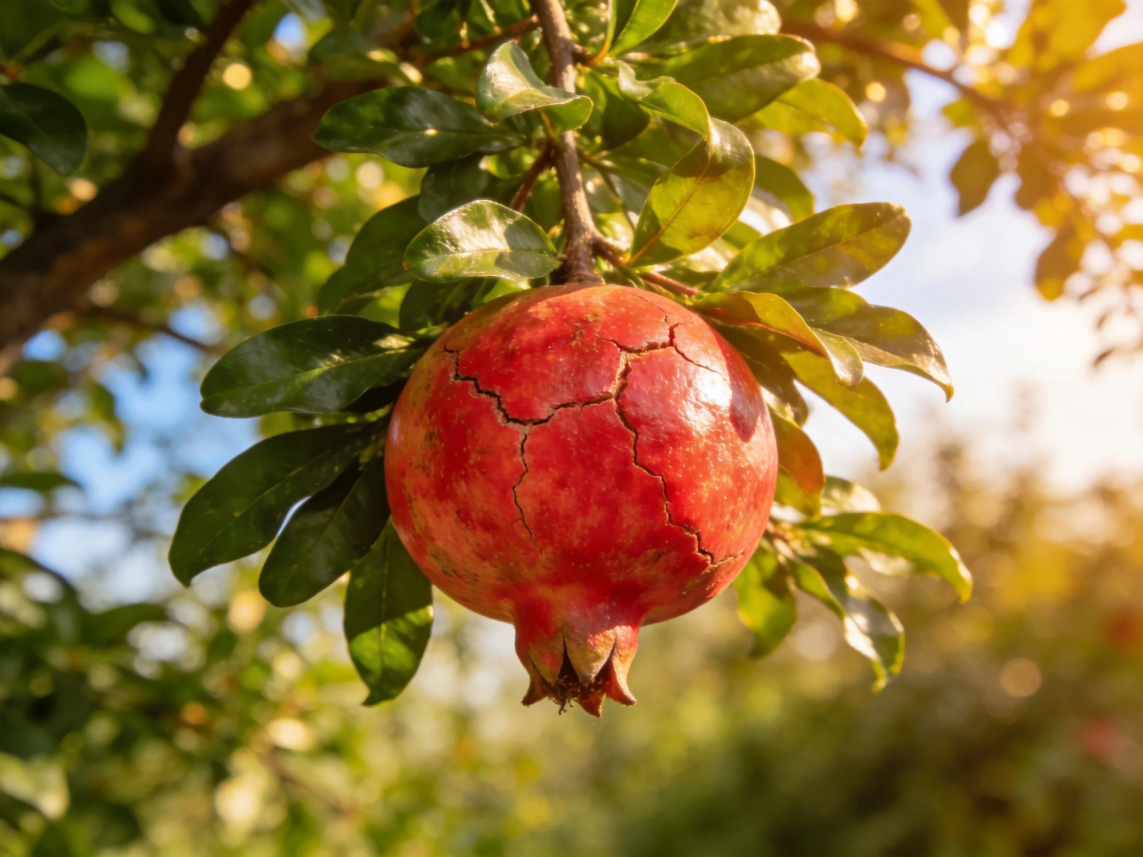 A vibrant red pomegranate with cracked skin hangs among lush green leaves
