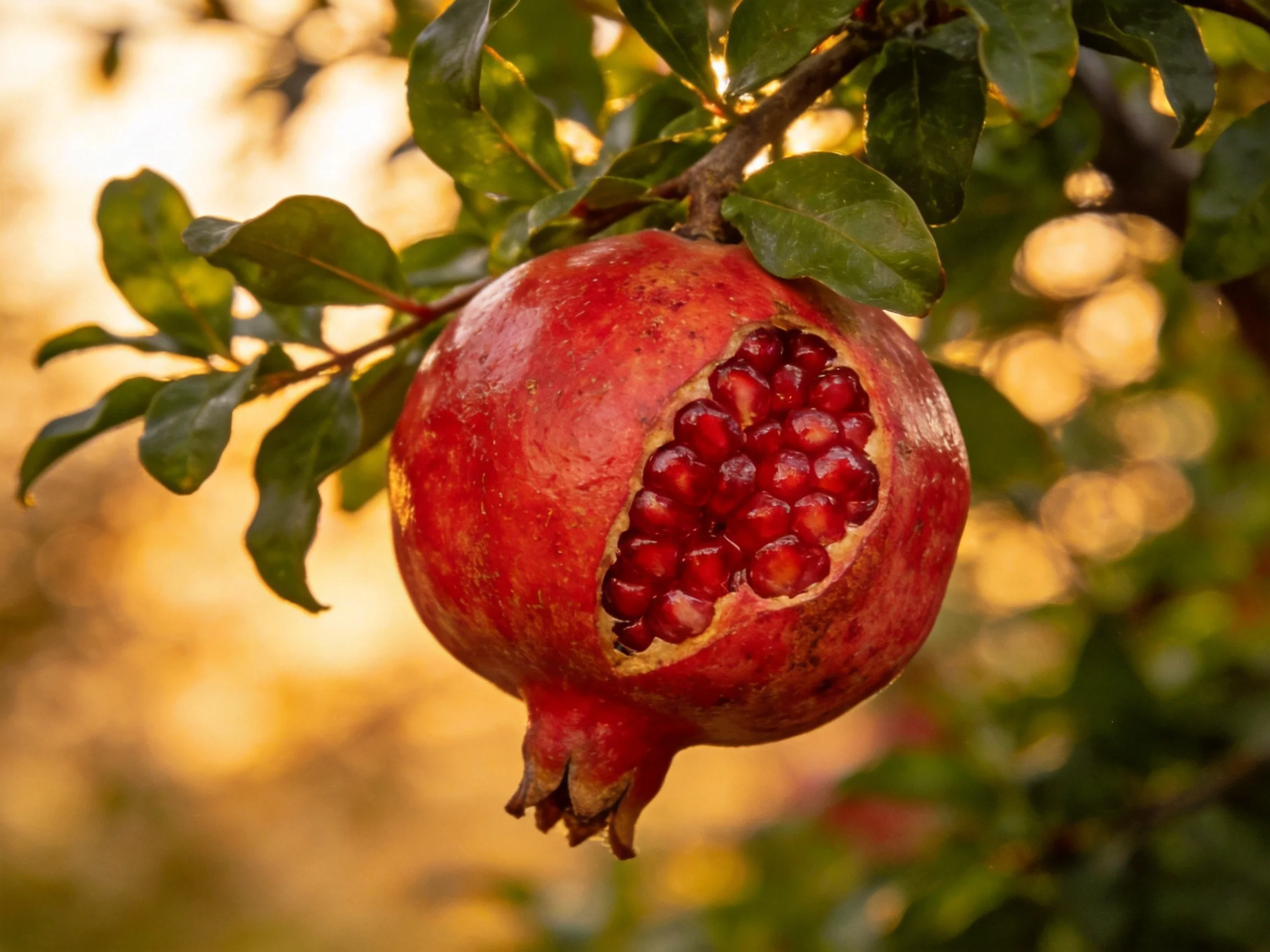 A vibrant red pomegranate with exposed seeds hangs from a leafy branch under golden light