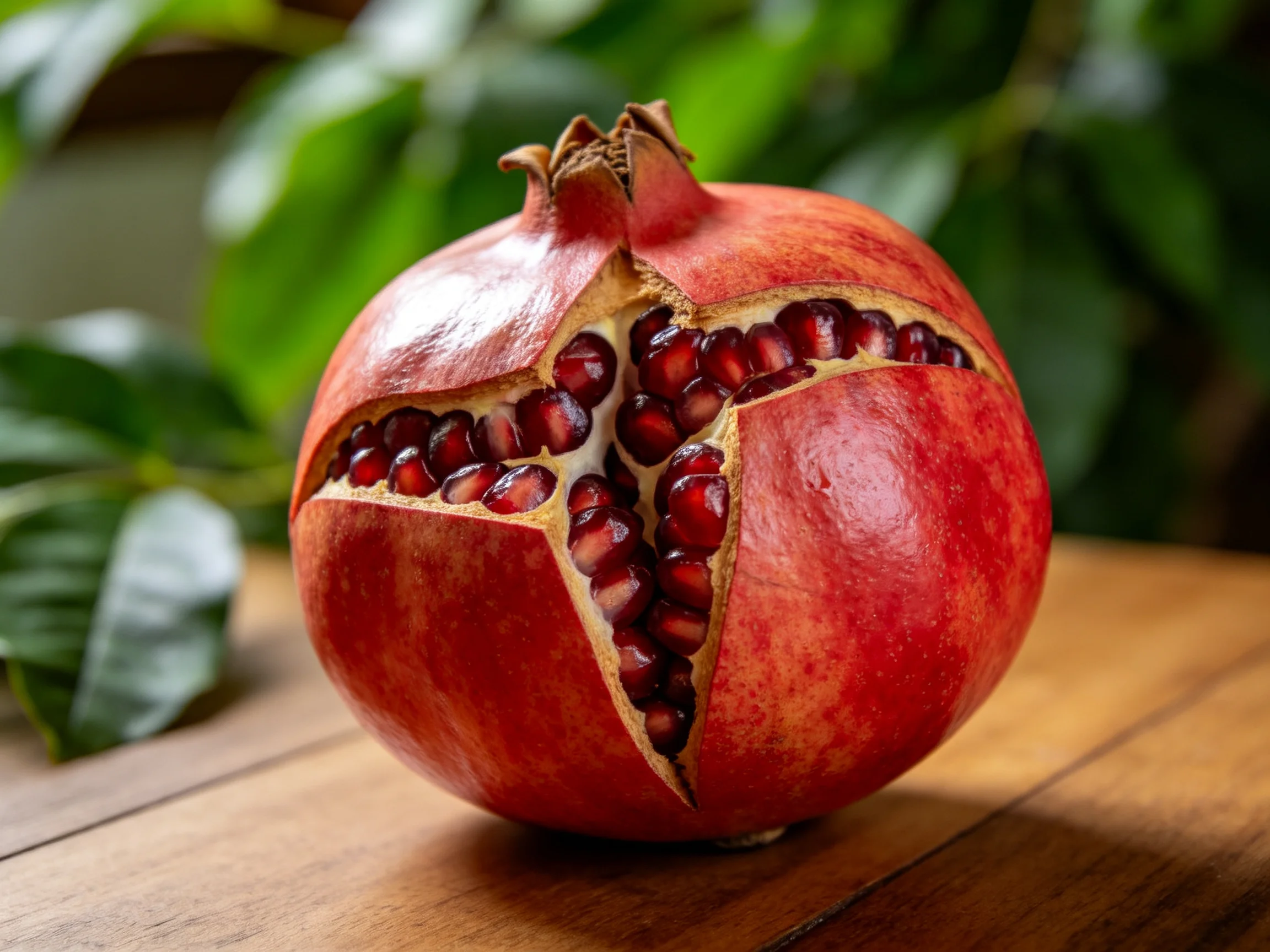 A vibrant red pomegranate with exposed seeds on a wooden surface