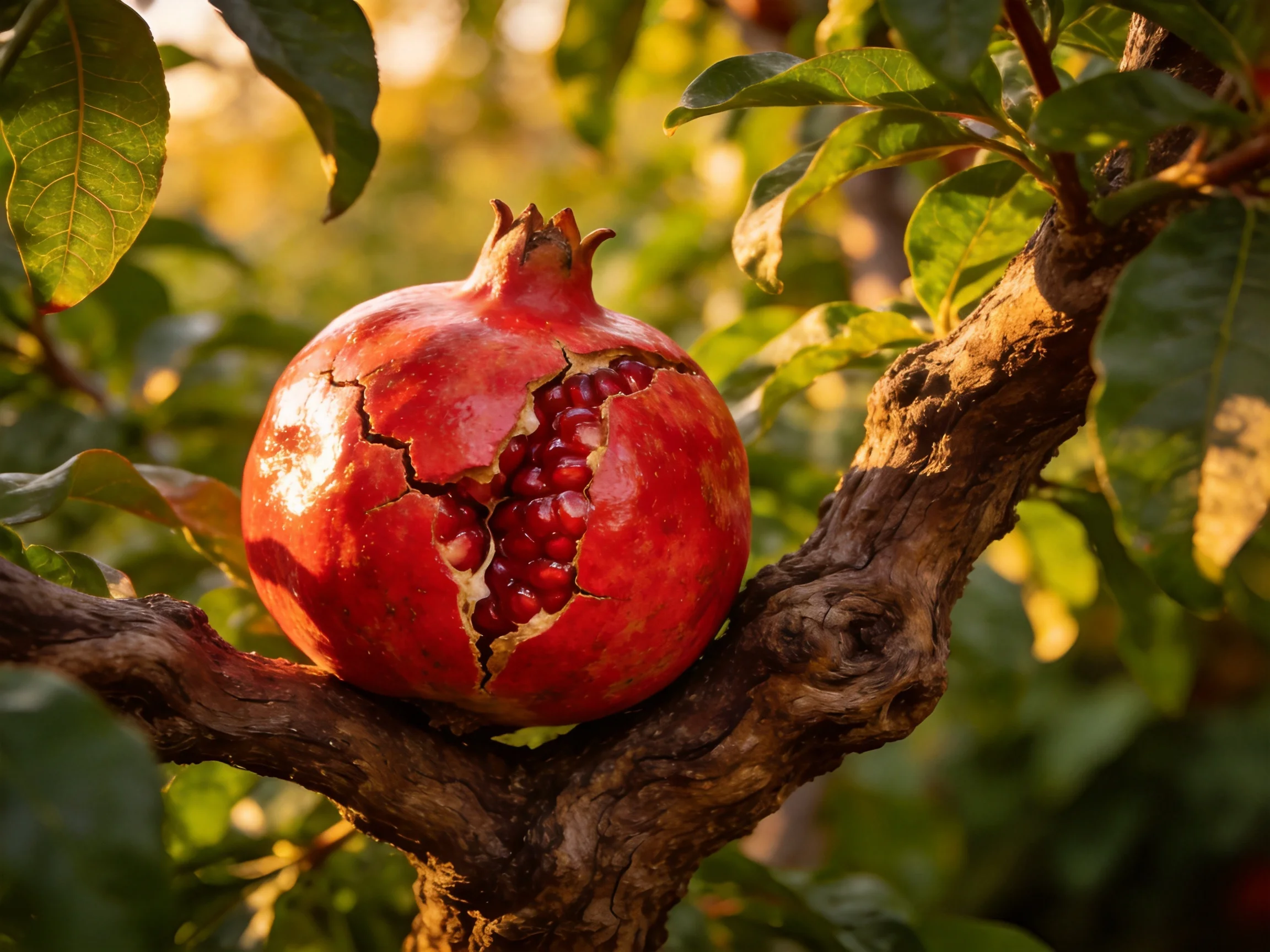 A vibrant red pomegranate with exposed seeds sits on a gnarled tree branch