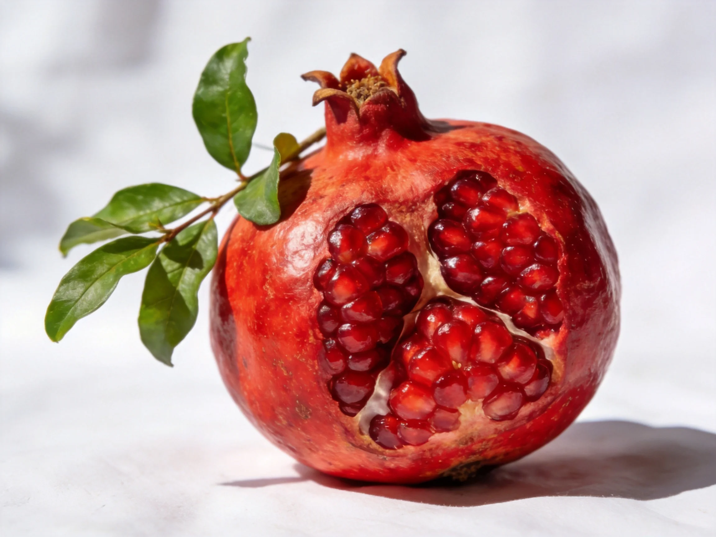A vibrant red pomegranate with green leaves, partially opened to display glossy seeds