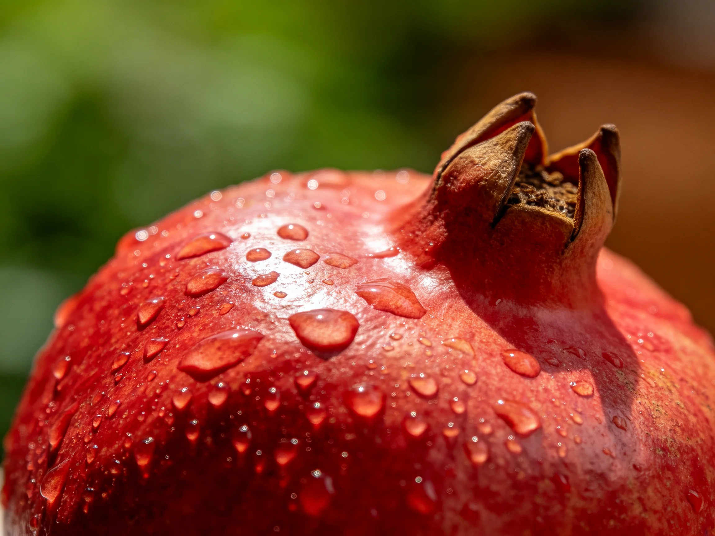 A vibrant red pomegranate with numerous water droplets