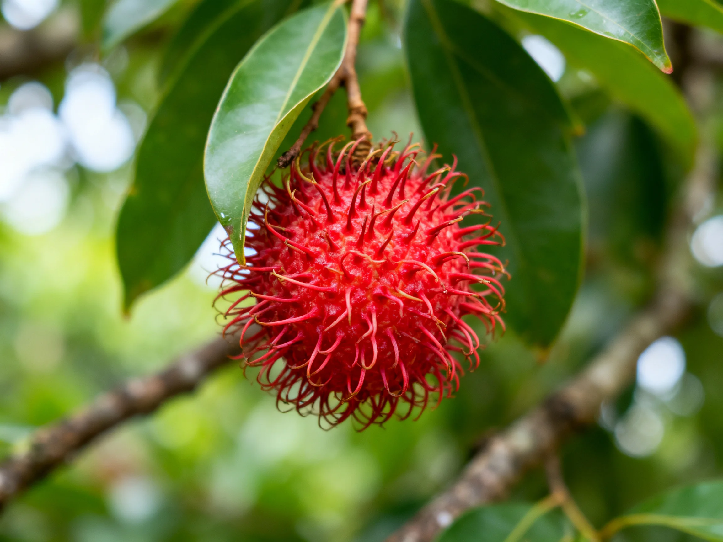 A vibrant red rambutan hangs among glossy green leaves