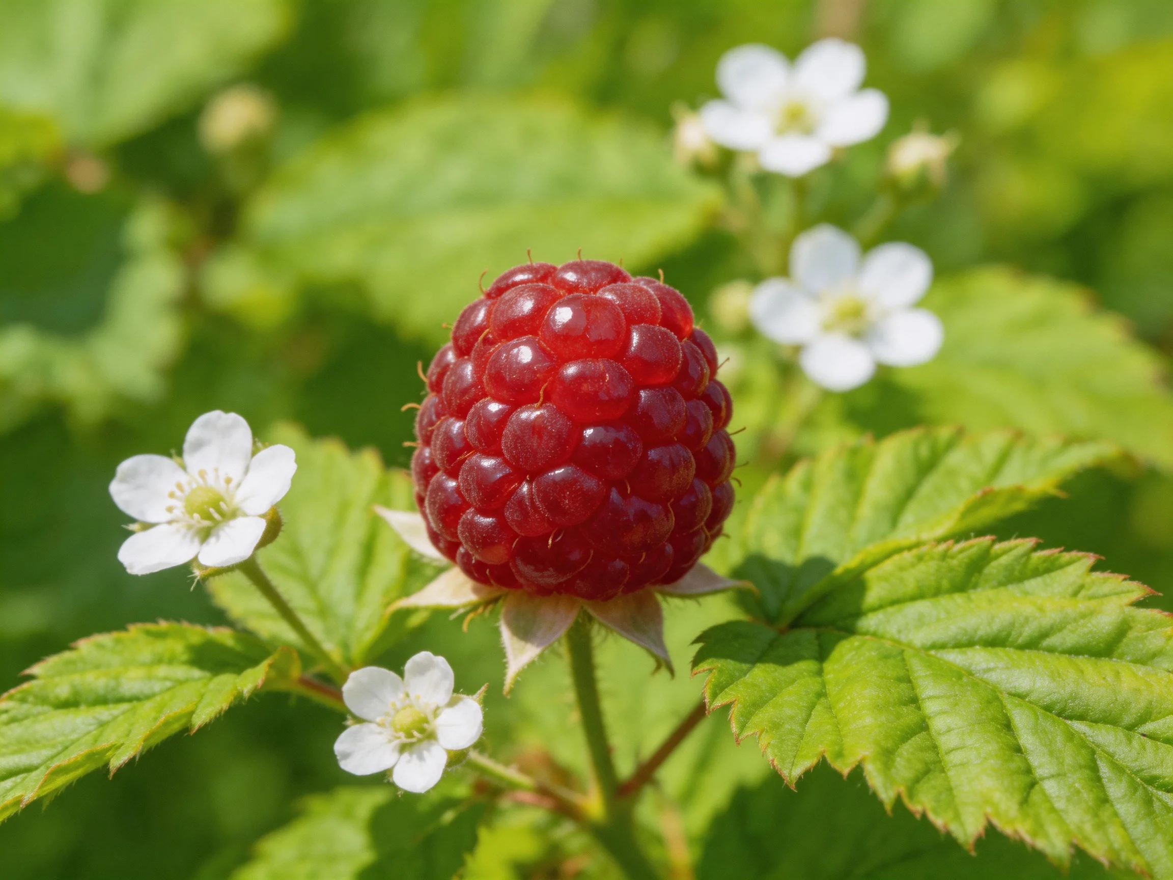 A vibrant red raspberry amid small white flowers and green foliage