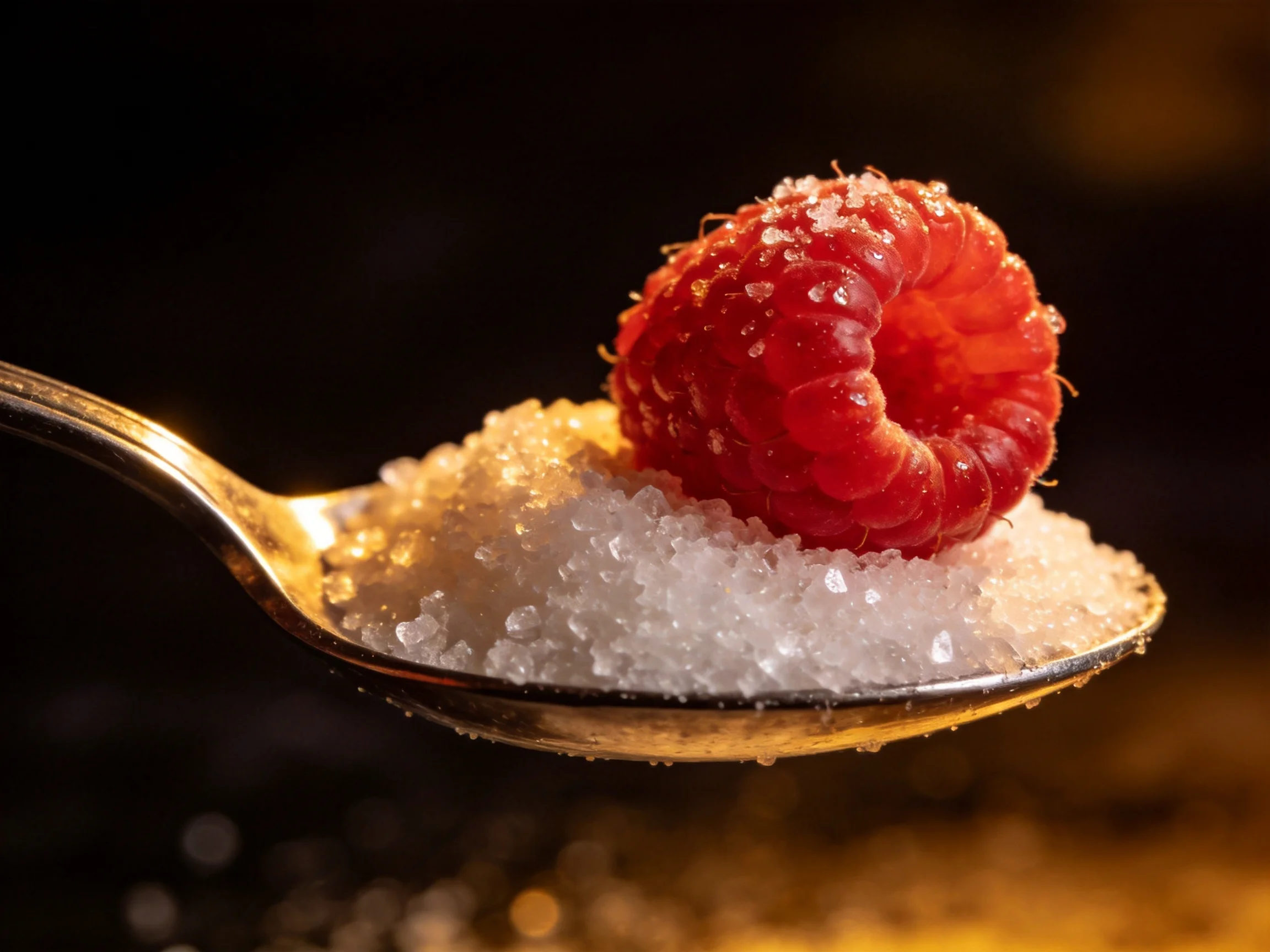 A vibrant red raspberry atop a mound of crystalline white sugar on a silver spoon