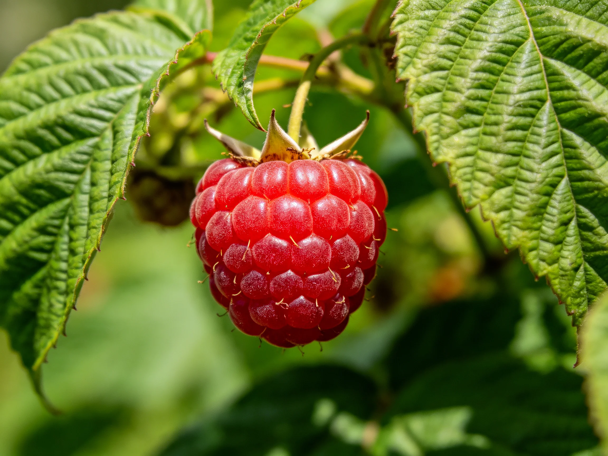 A vibrant red raspberry hangs among lush green foliage