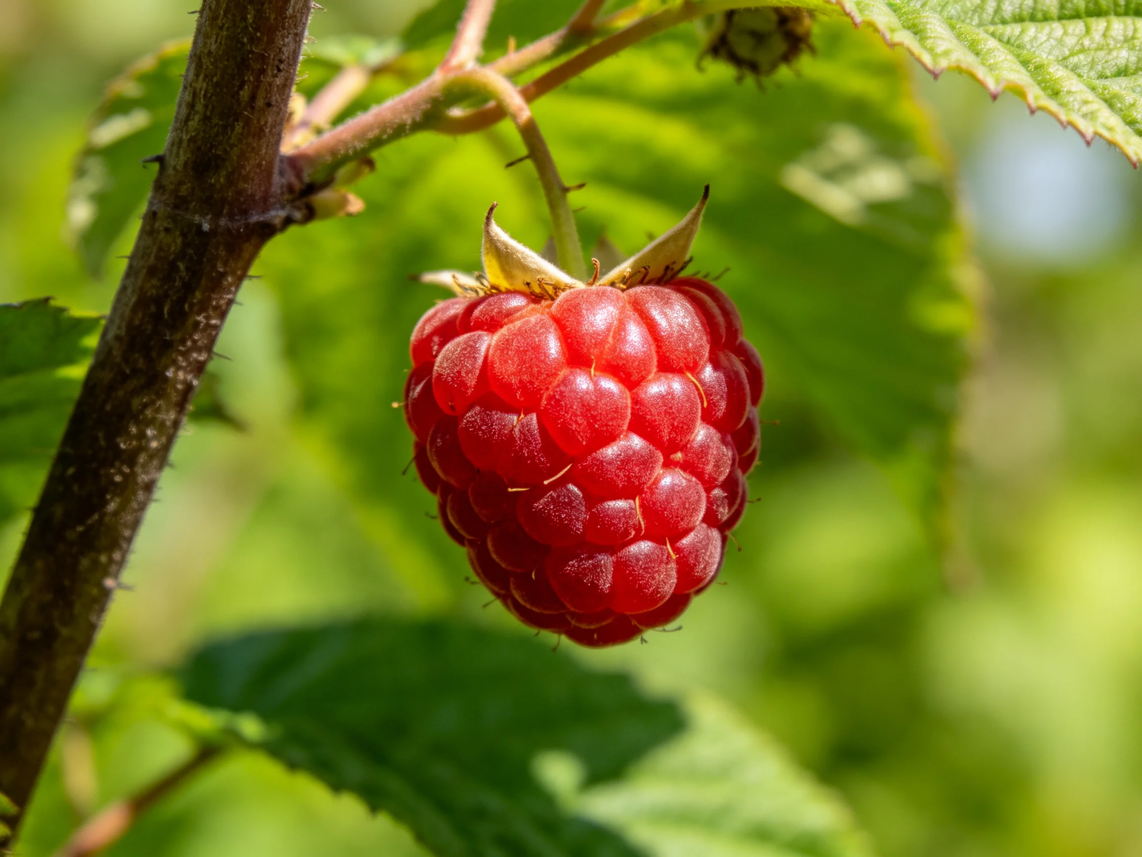 A vibrant red raspberry hangs from a thorny branch amid lush green foliage