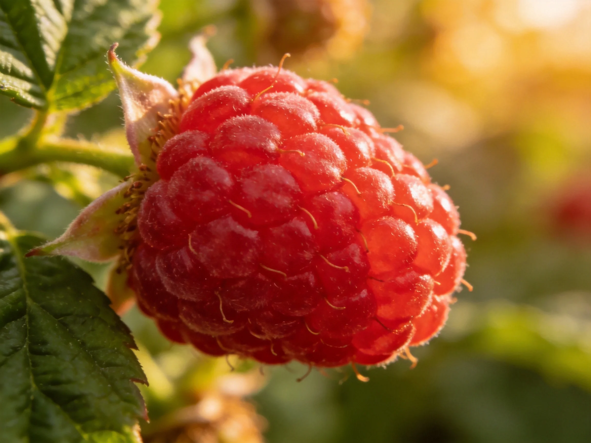 A vibrant red raspberry in sharp focus with green foliage