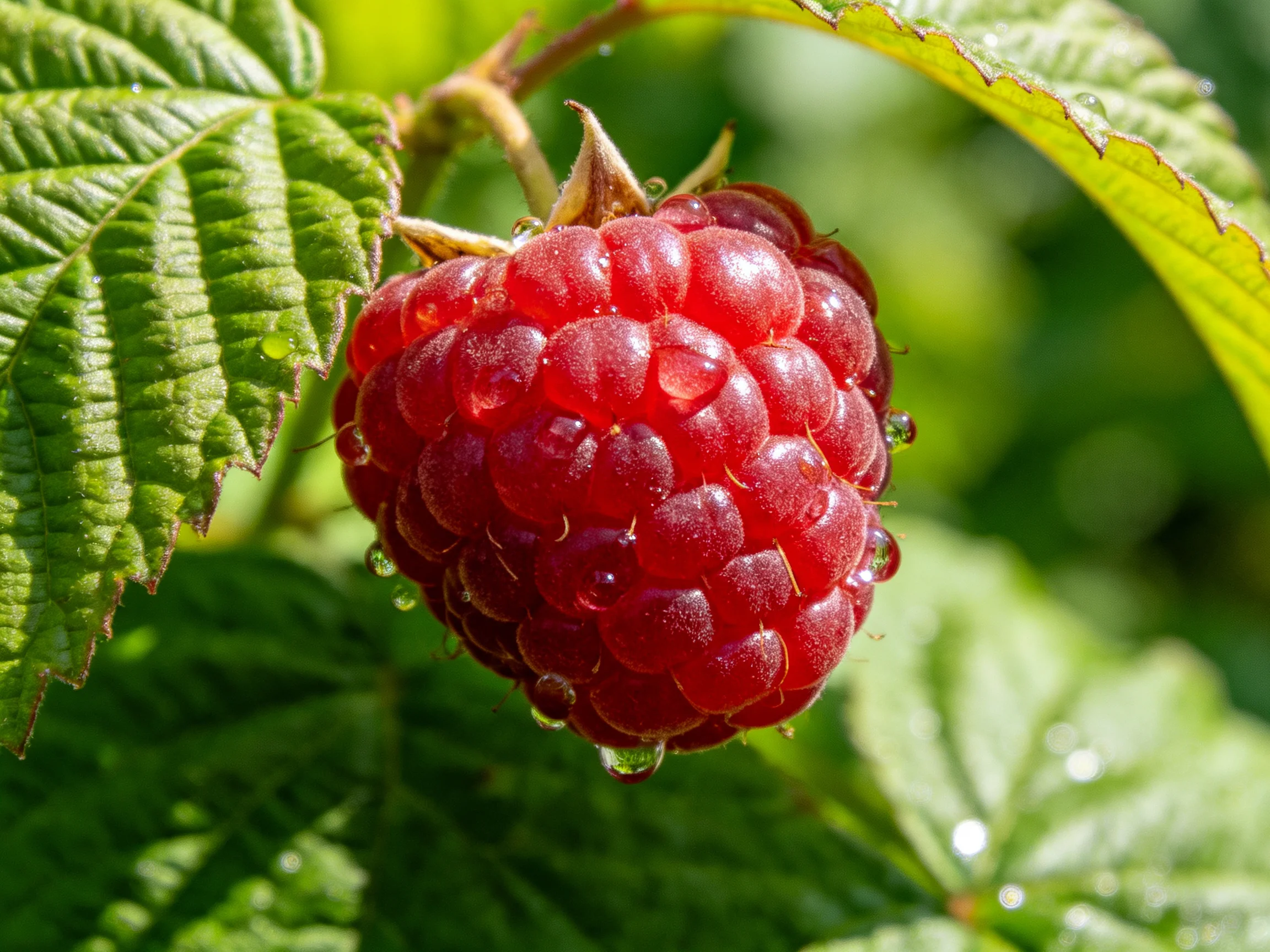 A vibrant red raspberry with dew drops surrounded by lush green foliage