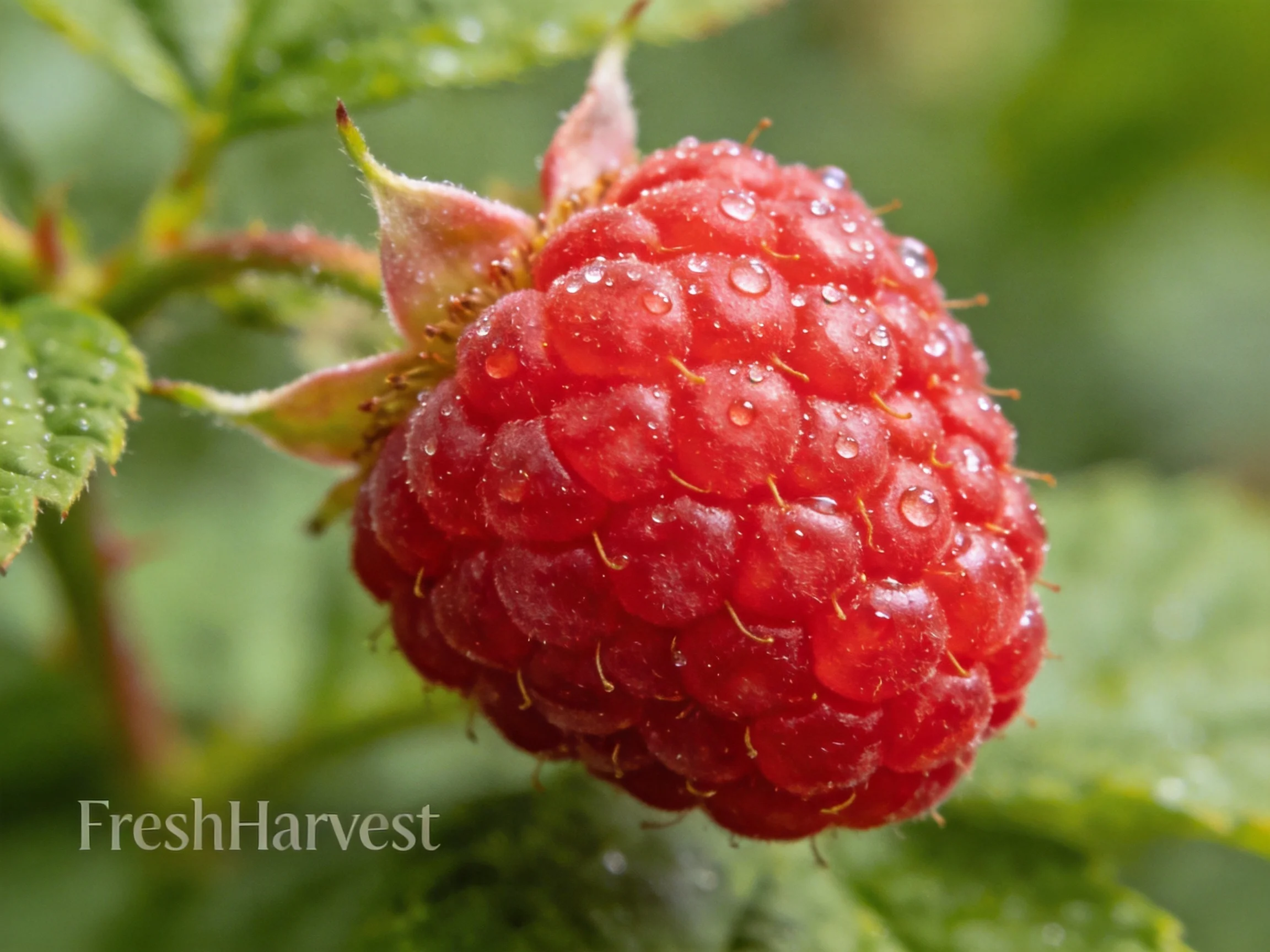 A vibrant red raspberry with glistening water droplets