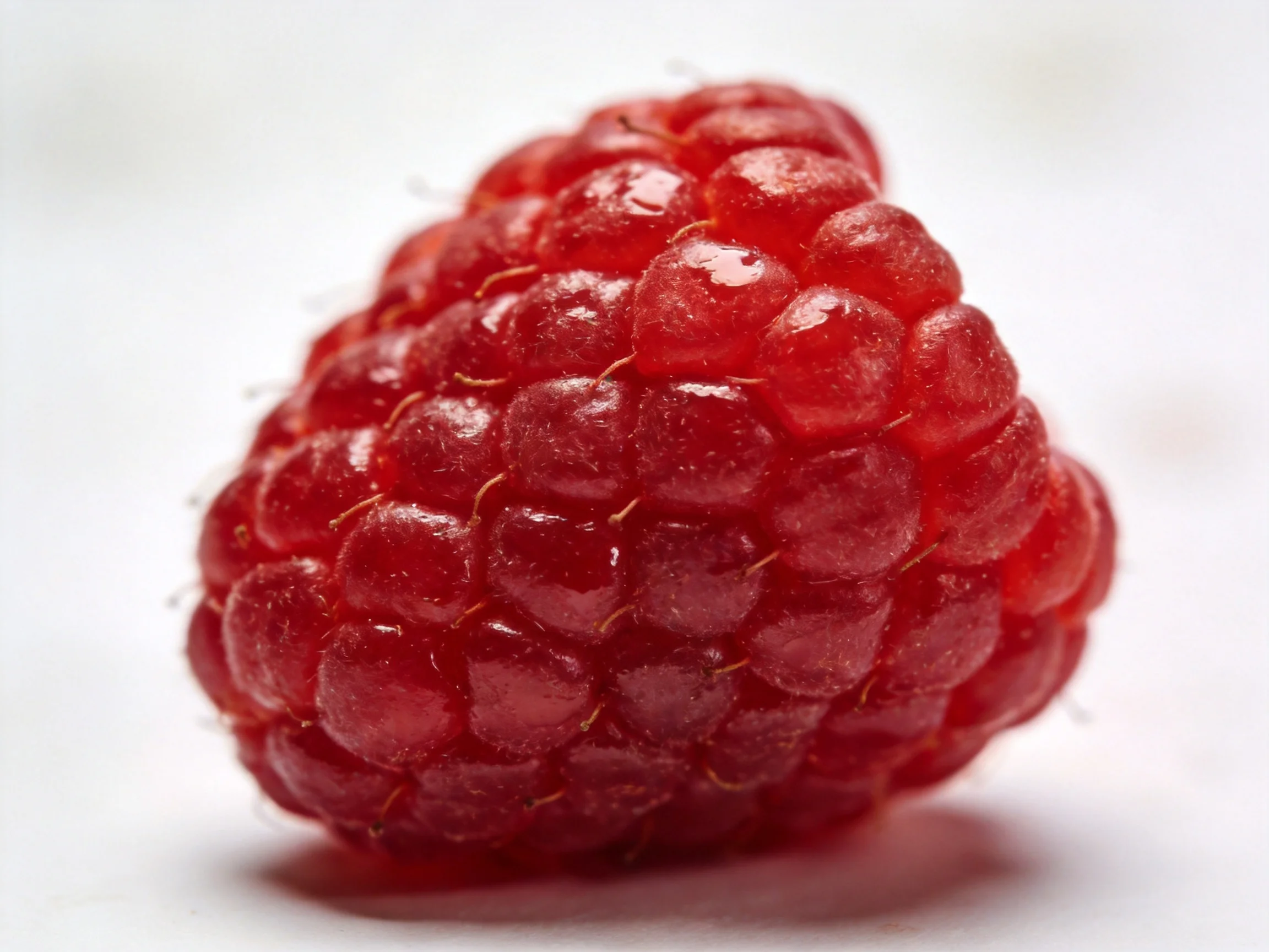 A vibrant red raspberry with textured, rounded drupelets