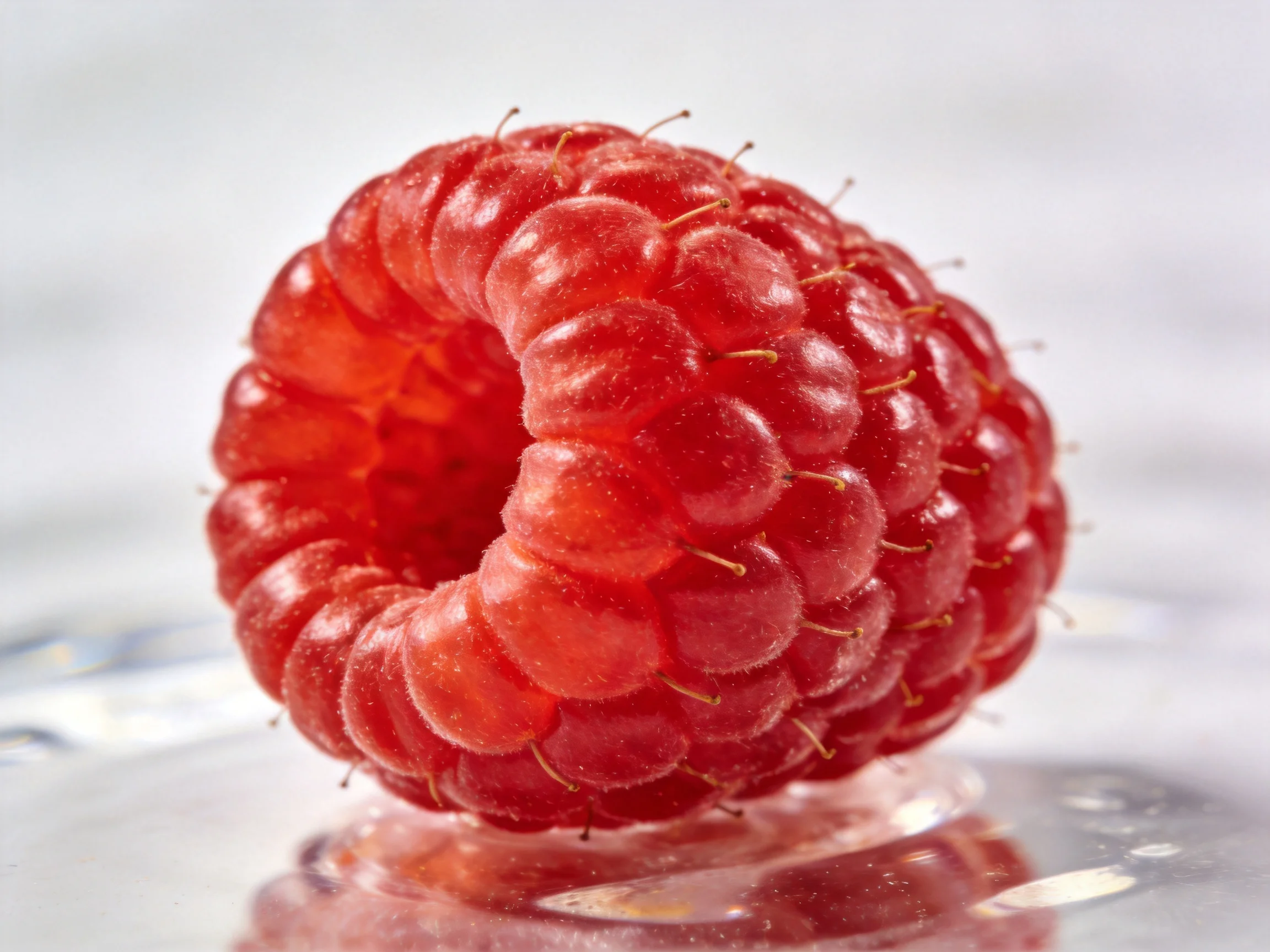 A vibrant red raspberry with textured surface and golden tips