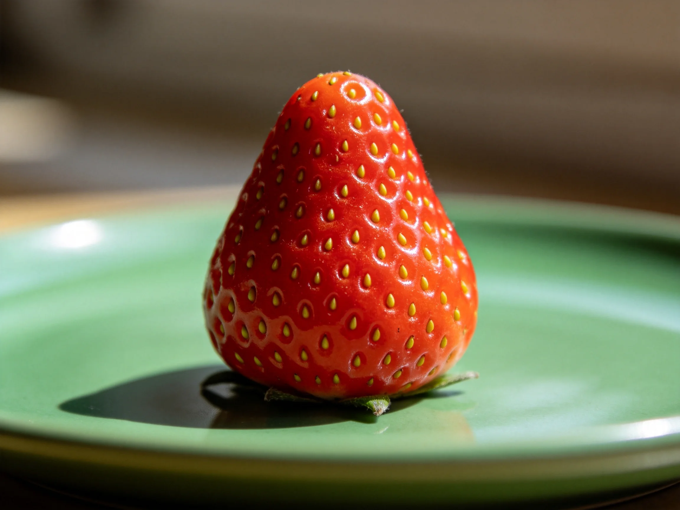 A vibrant red strawberry centered on a glossy green plate