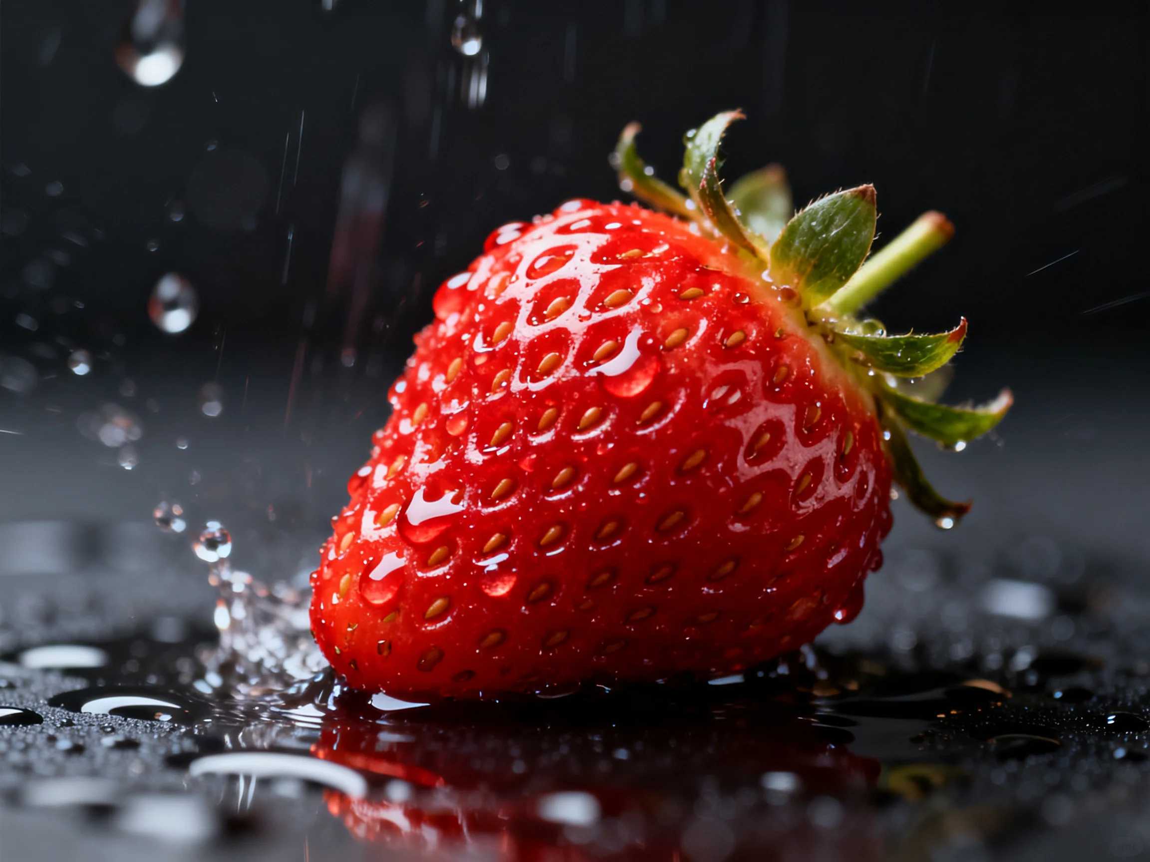 A vibrant red strawberry glistens with water droplets on a dark surface