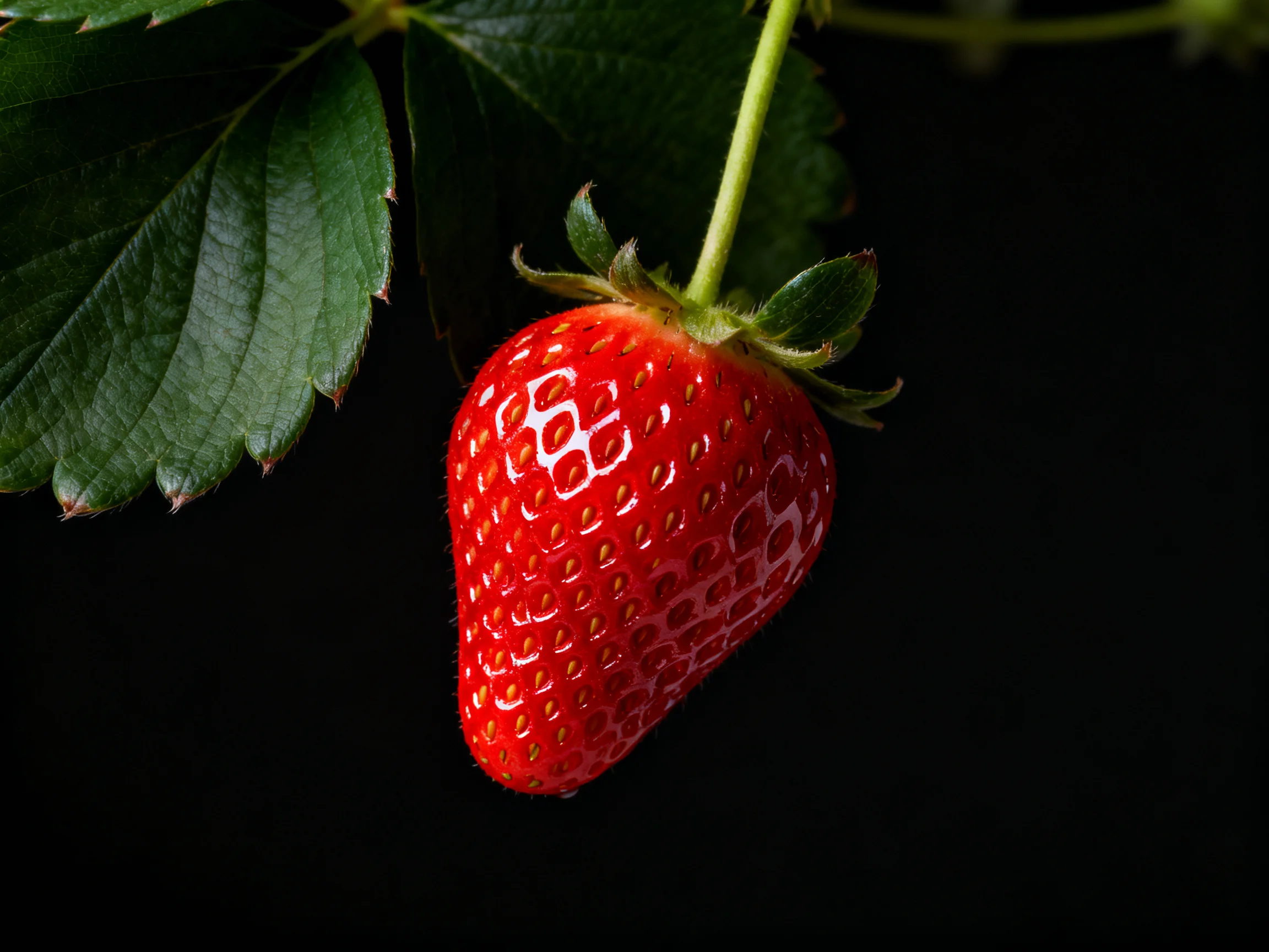 A vibrant red strawberry hangs from green foliage against a dark backdrop.