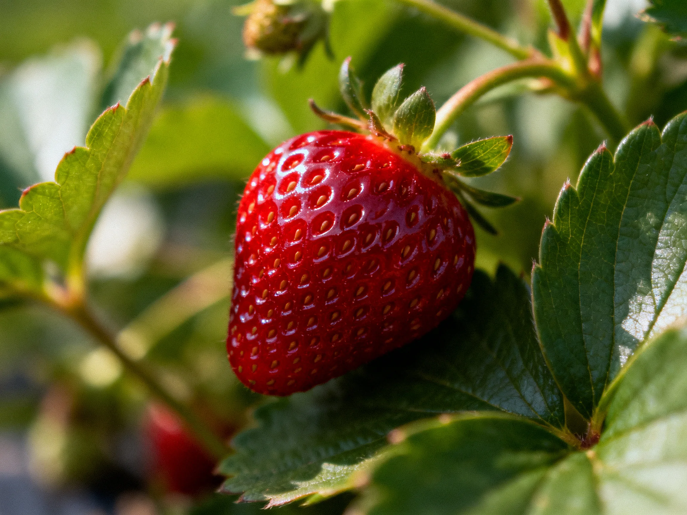 A vibrant red strawberry nestled among lush green foliage
