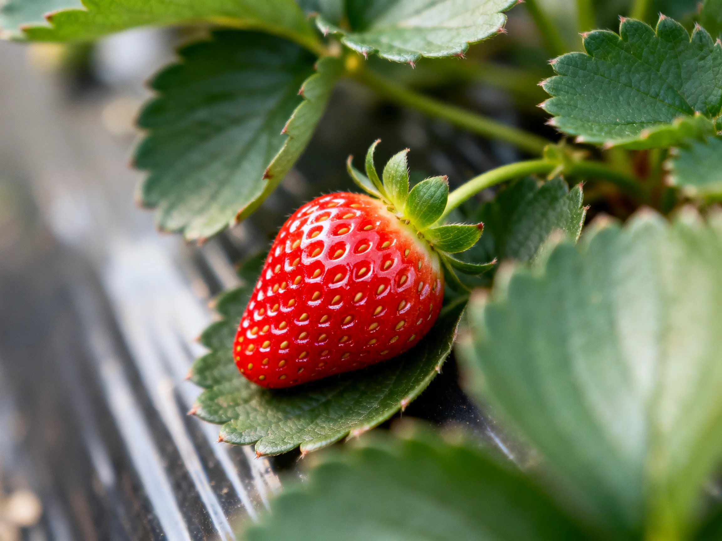 A vibrant red strawberry nestled among lush green foliage