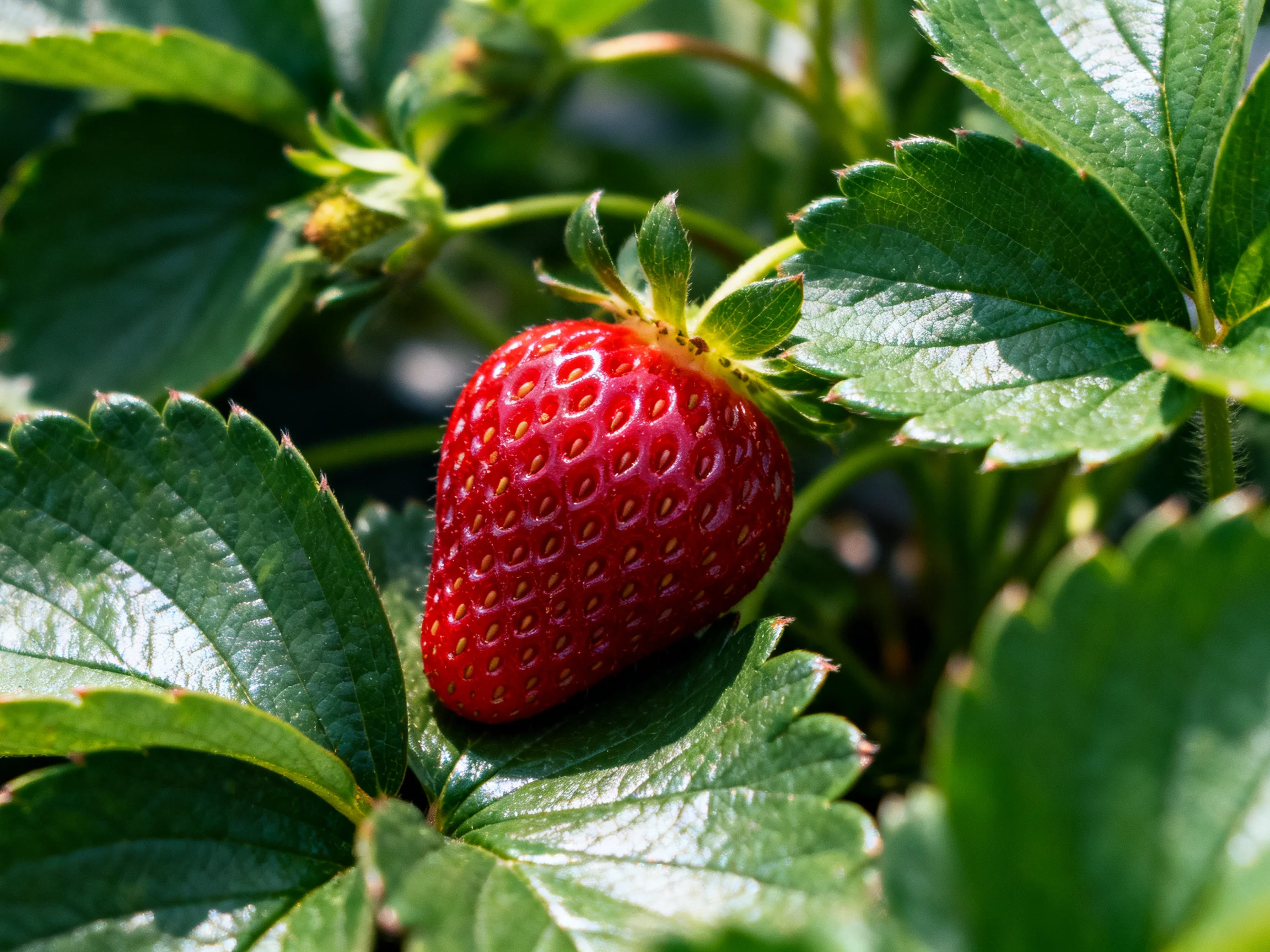 A vibrant red strawberry nestled among lush green foliage